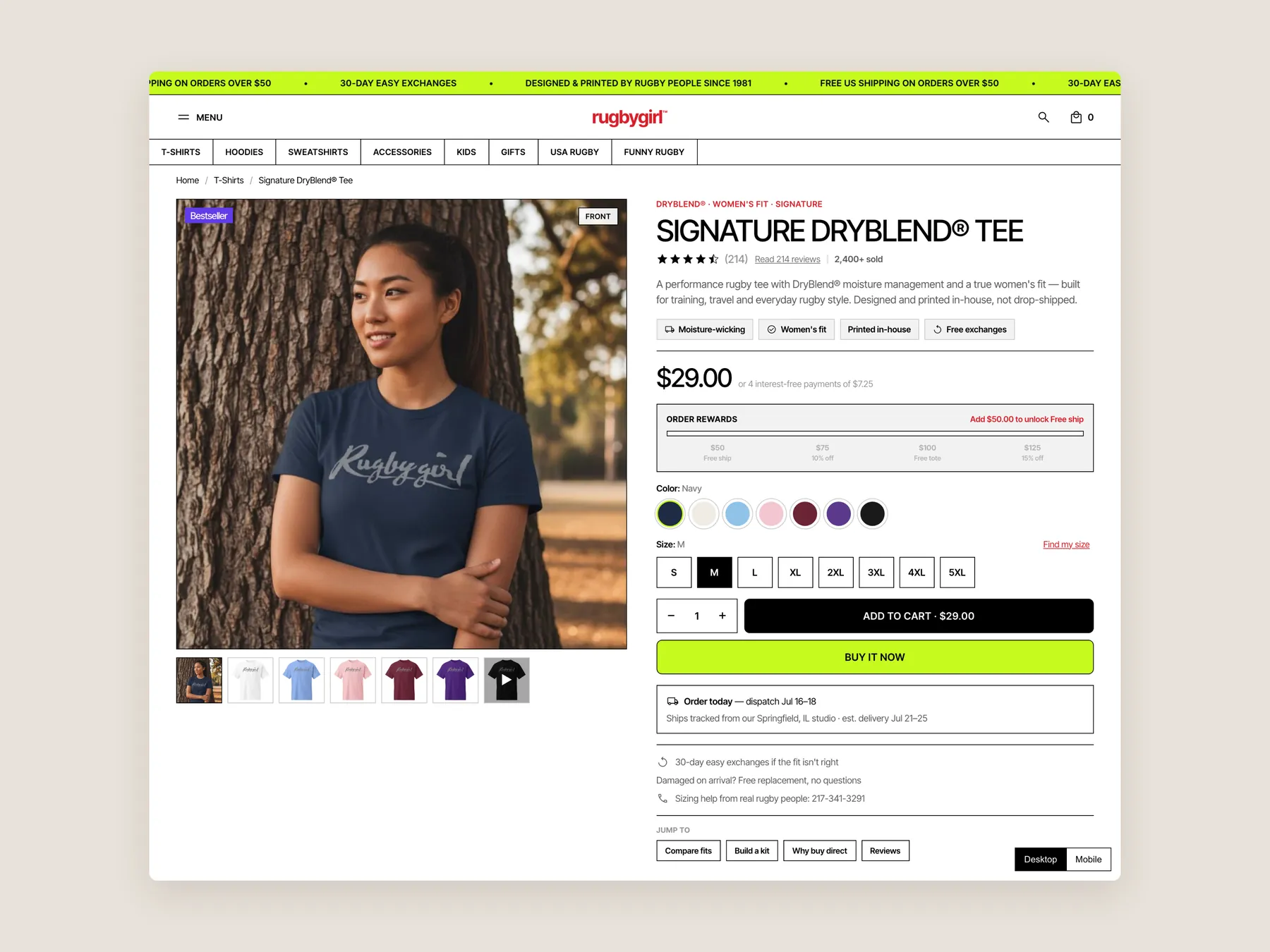 Rugby Girl concept redesign: Product page first screen: header and buy box