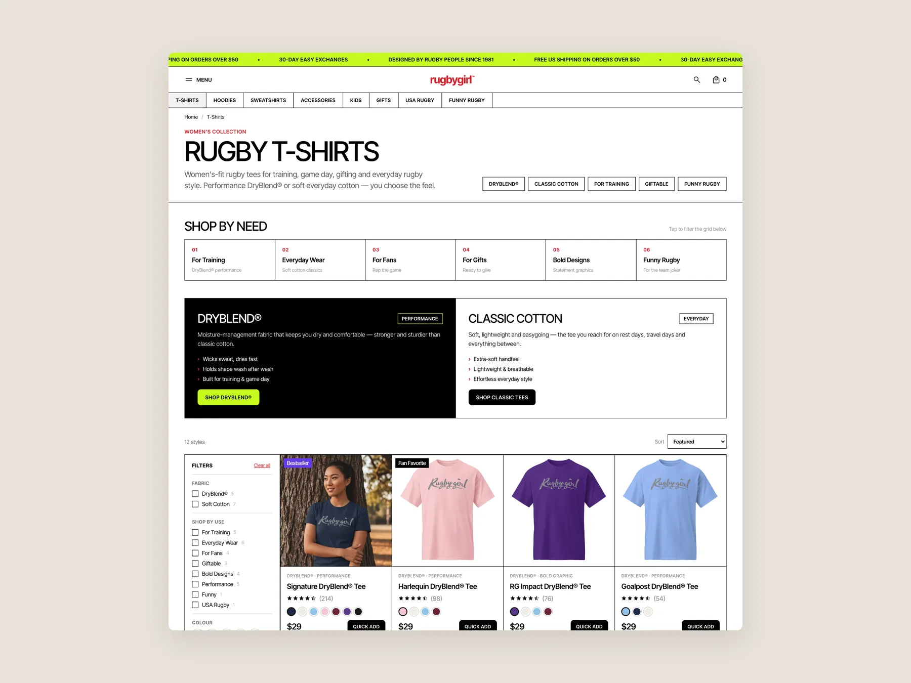 Rugby Girl concept redesign: Collection page first screen: header, filters, first row
