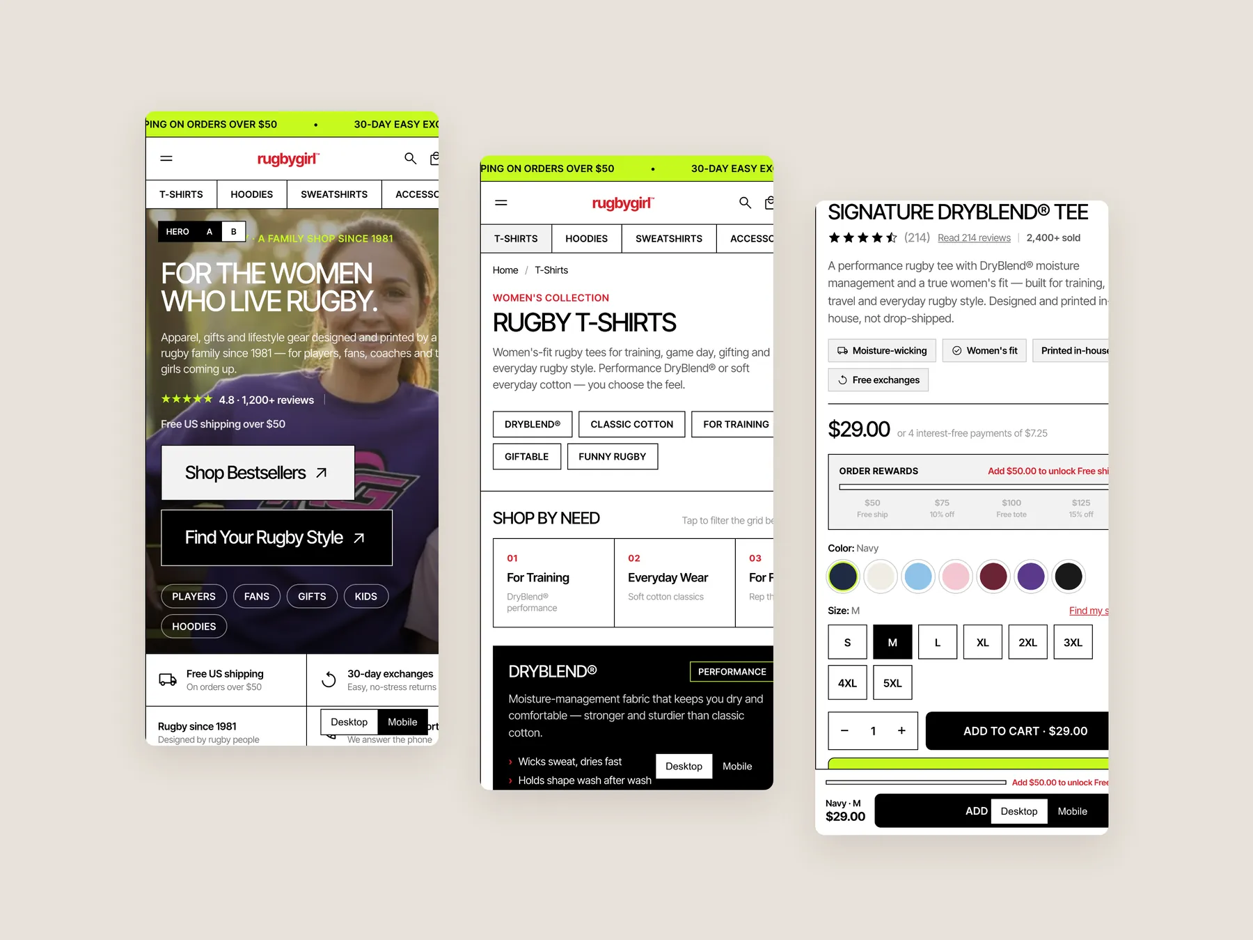 Rugby Girl concept redesign: Three phone screens: home, collection, product