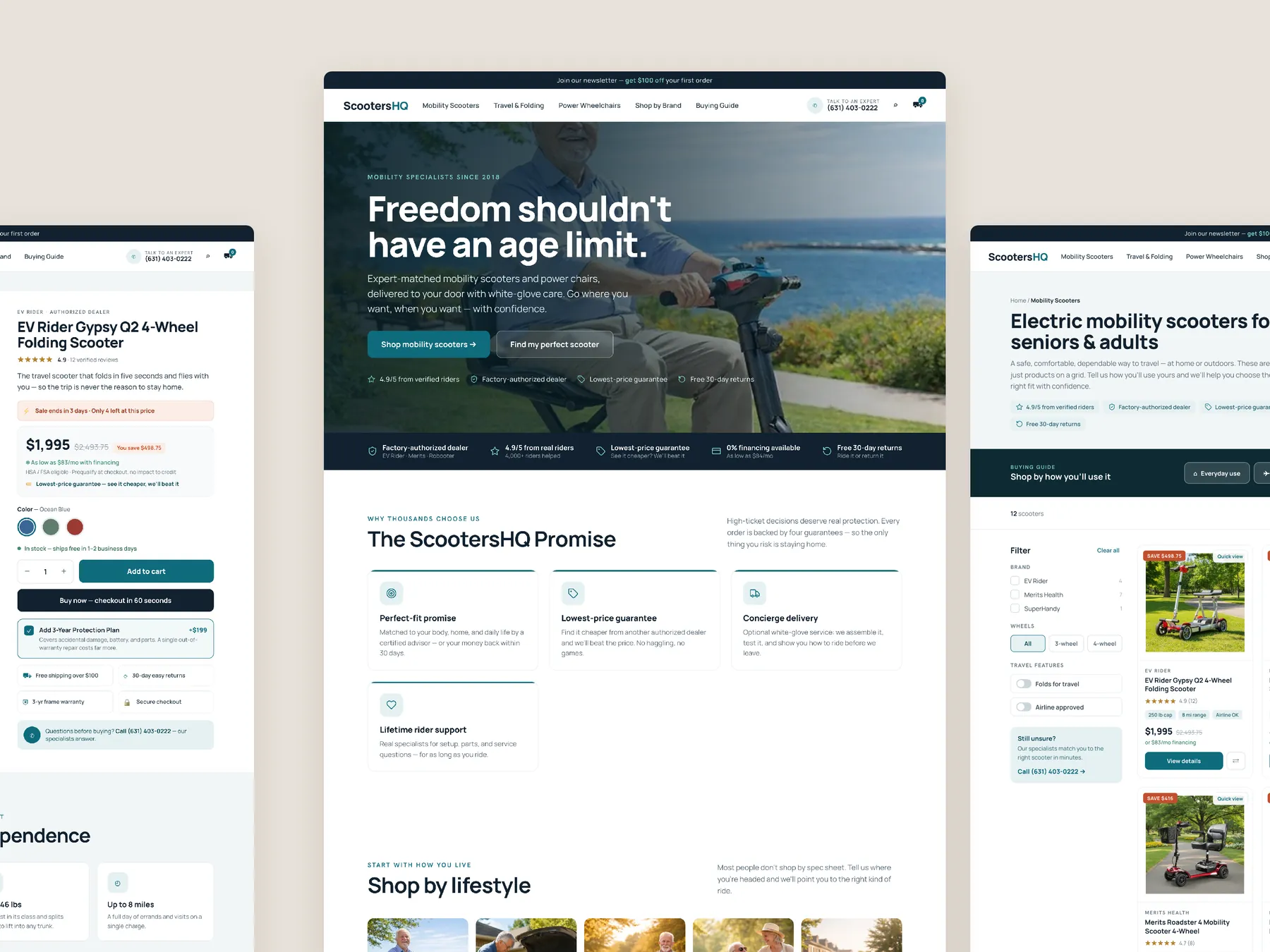Scooters HQ concept redesign: Homepage centre, product left, collection right