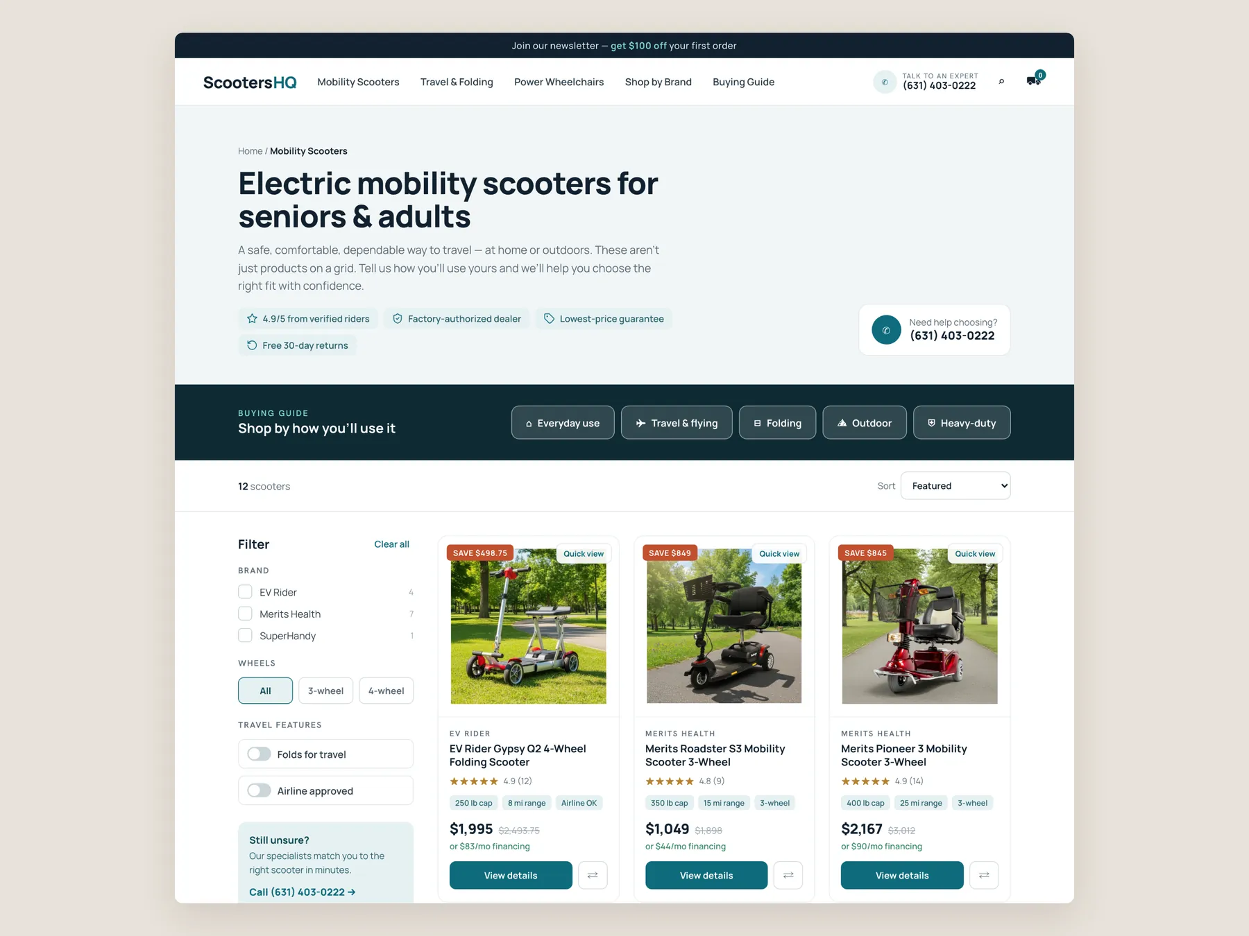 Scooters HQ concept redesign: Collection page first screen: header, filters, first row