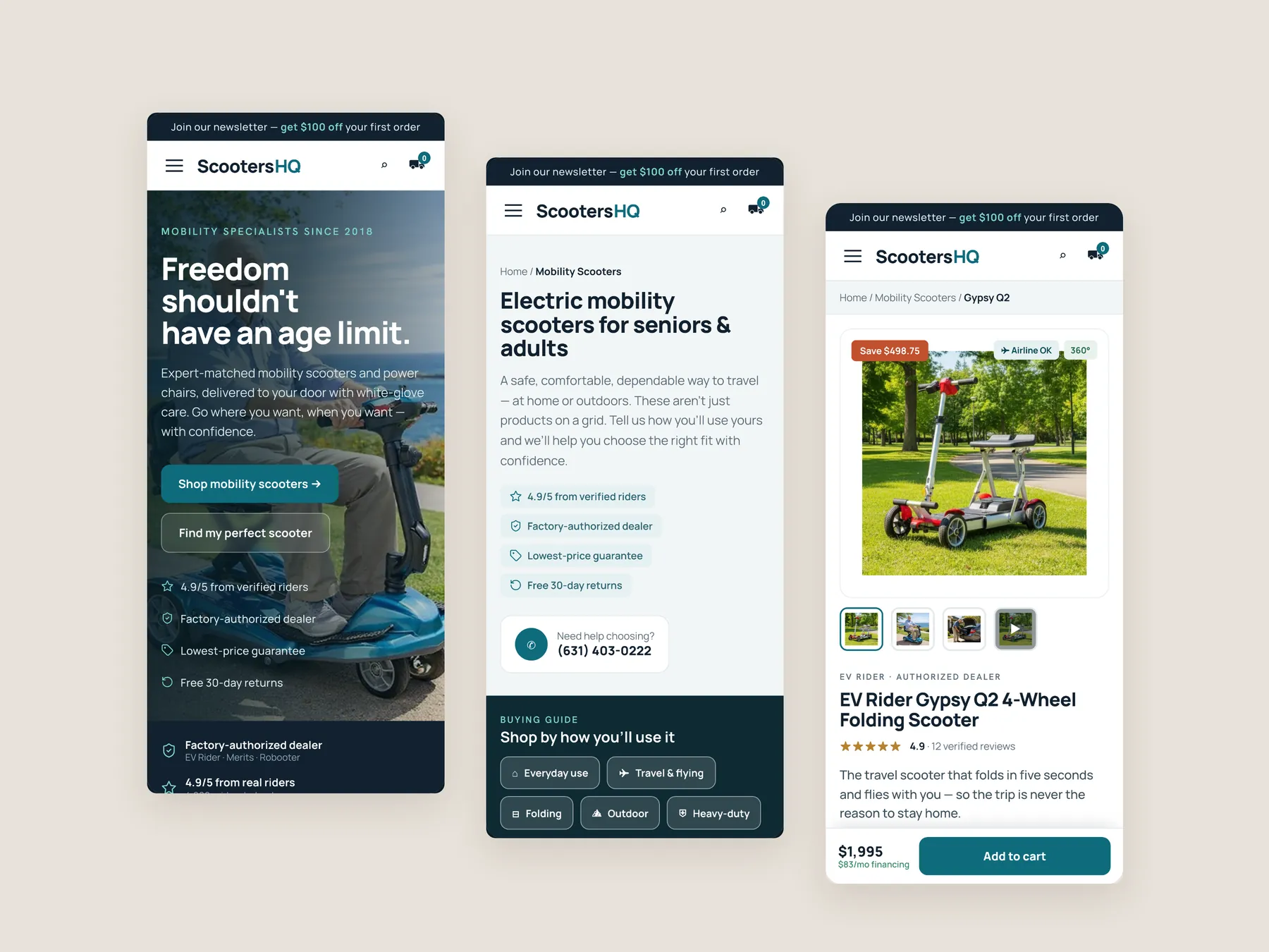 Scooters HQ concept redesign: Three phone screens: home, collection, product