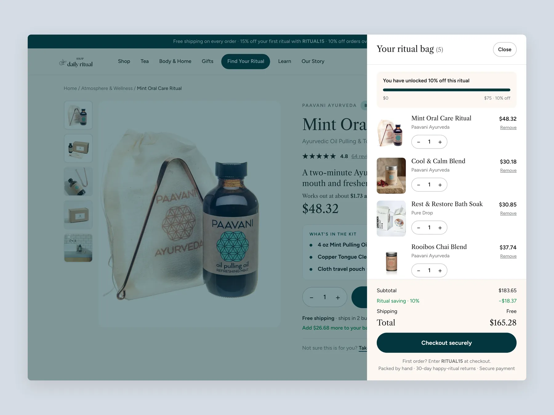 Shop Daily Ritual concept redesign: Ritual bag slide over open over the product page, whole screen
