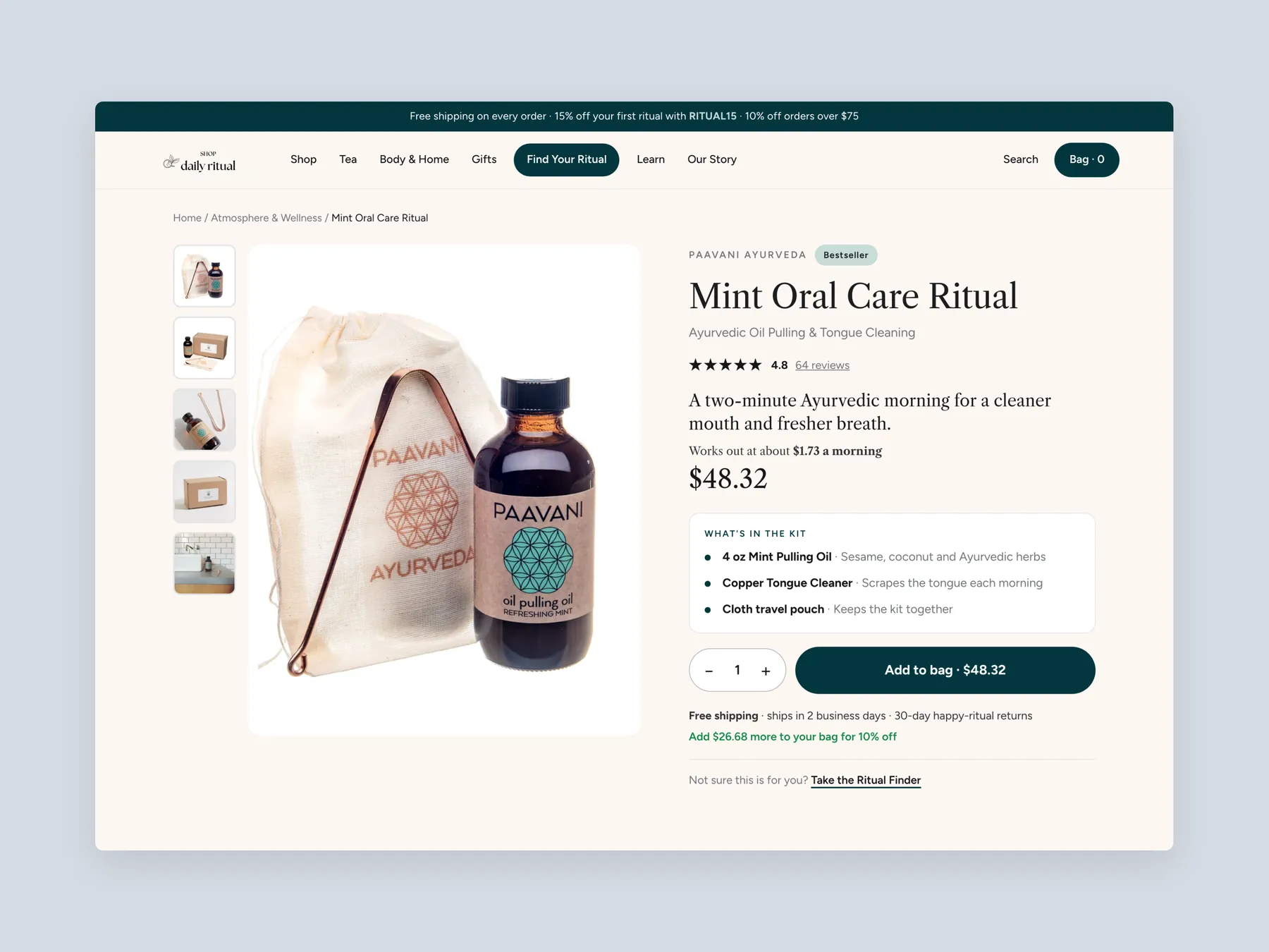 Shop Daily Ritual concept redesign: Product page first screen: header and buy box