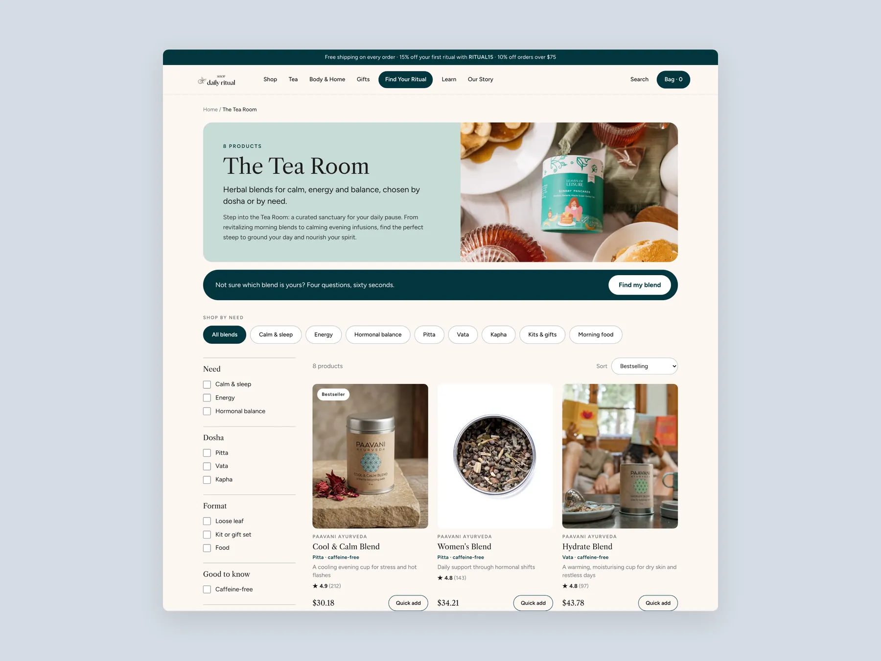 Shop Daily Ritual concept redesign: Collection page first screen: header, banner, chips, filters, first row