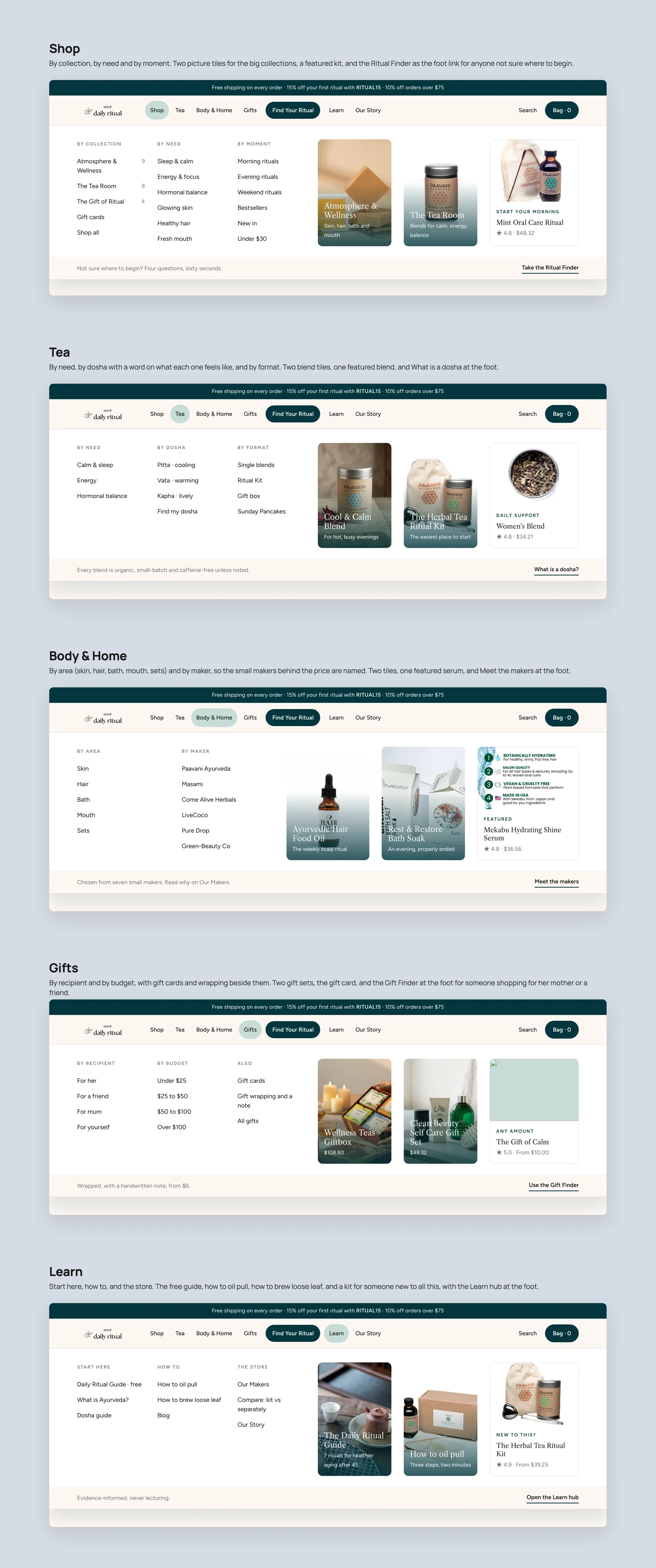 Shop Daily Ritual concept redesign: Mega menu, every panel open