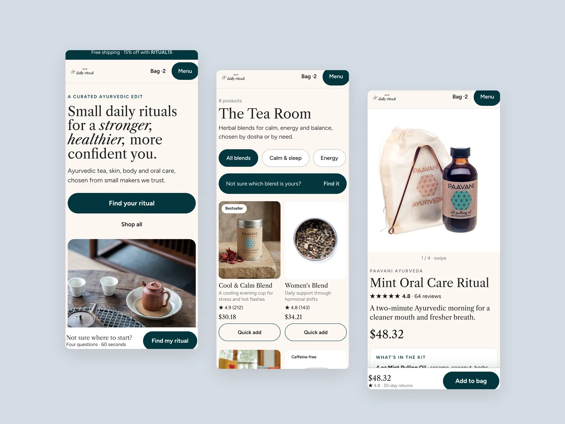 Shop Daily Ritual concept redesign: Three phone screens: home, collection, product