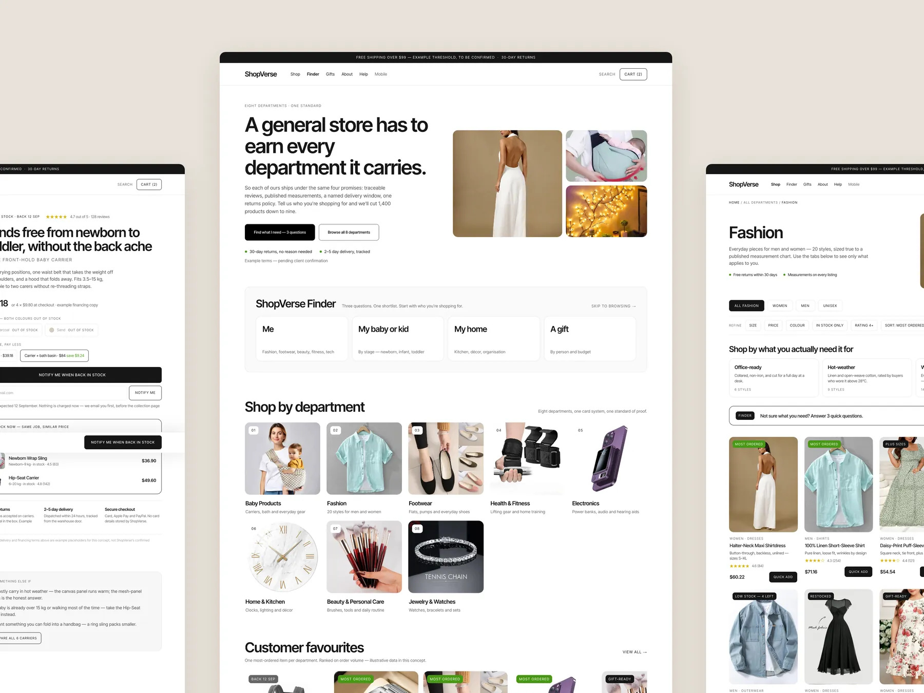 ShopVerse concept redesign: Homepage centre, product left, collection right