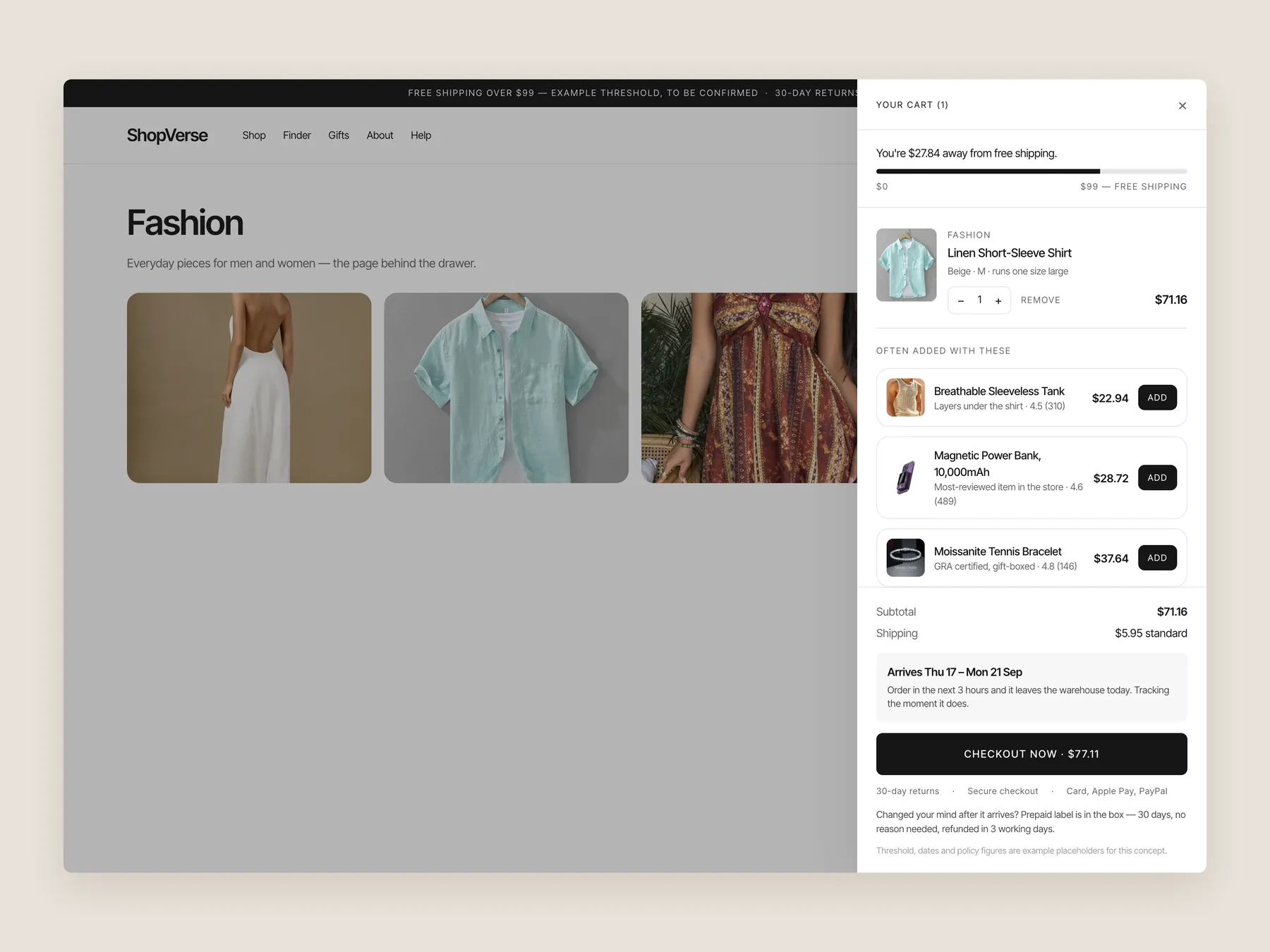 ShopVerse concept redesign: Bag slide over open over the Fashion page, whole screen