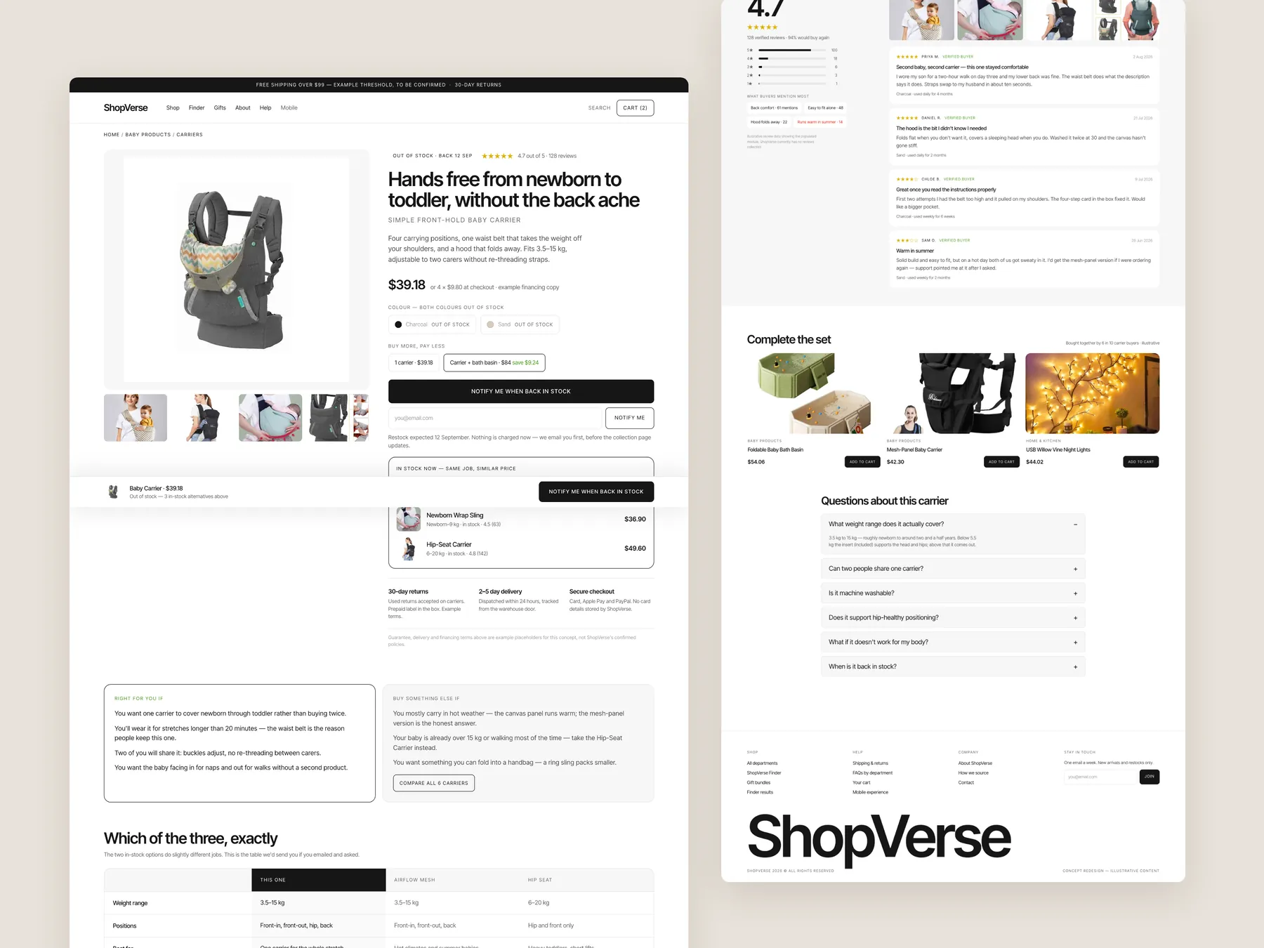 ShopVerse concept redesign: Product page, two tall columns