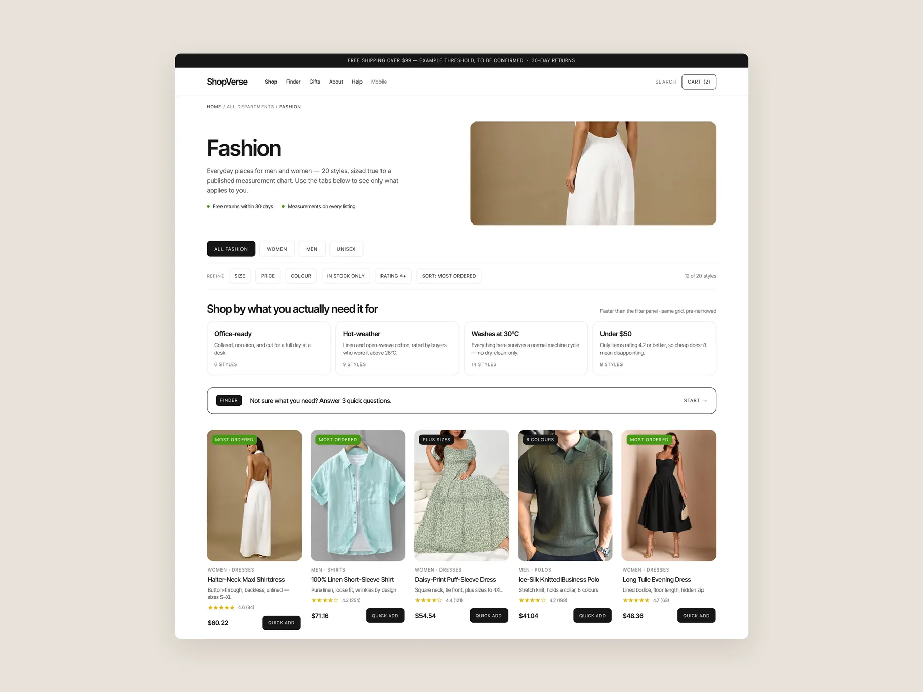 ShopVerse concept redesign: Collection page first screen: header, filters, first row