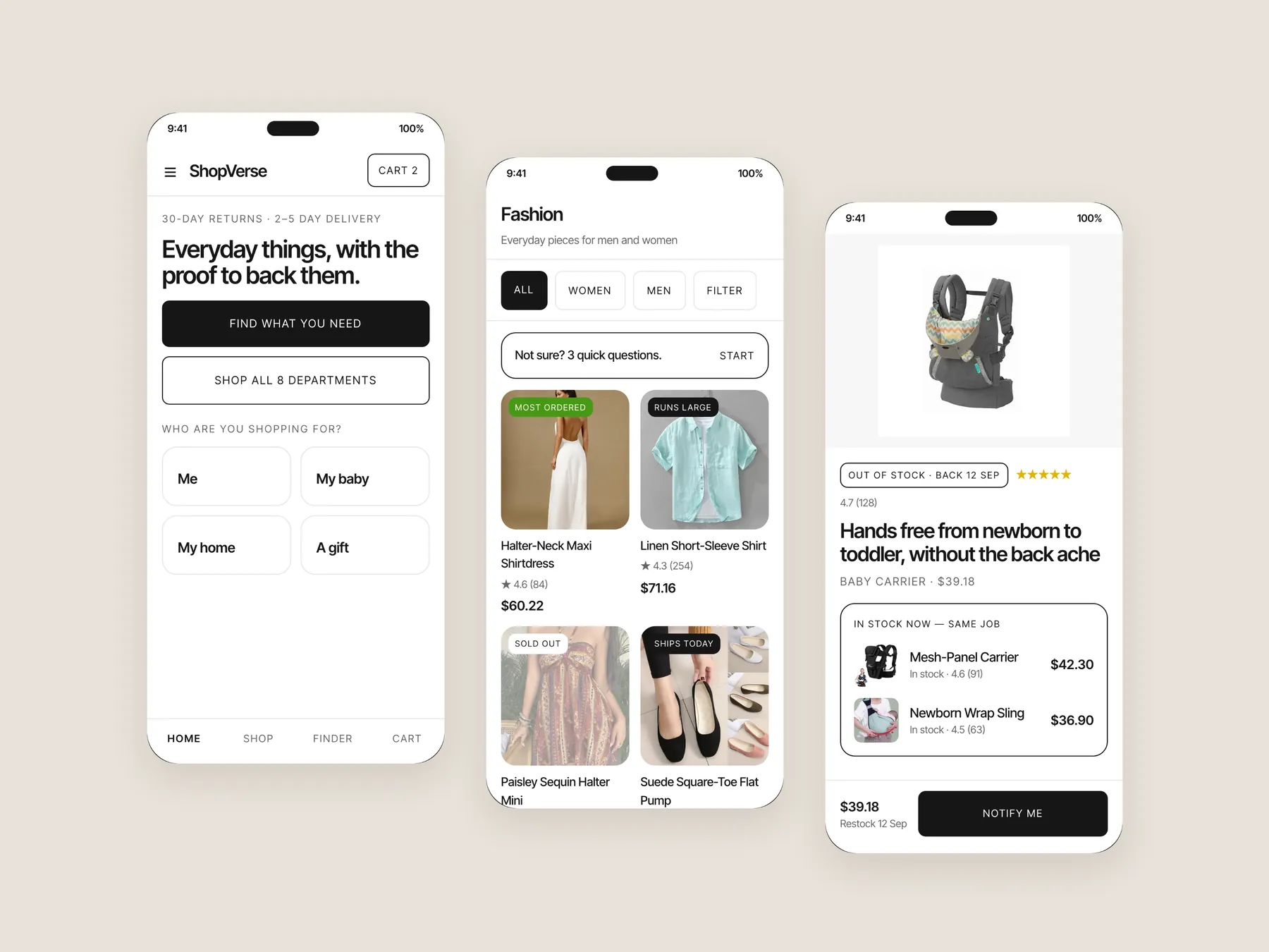 ShopVerse concept redesign: Three phone screens: home, collection, product