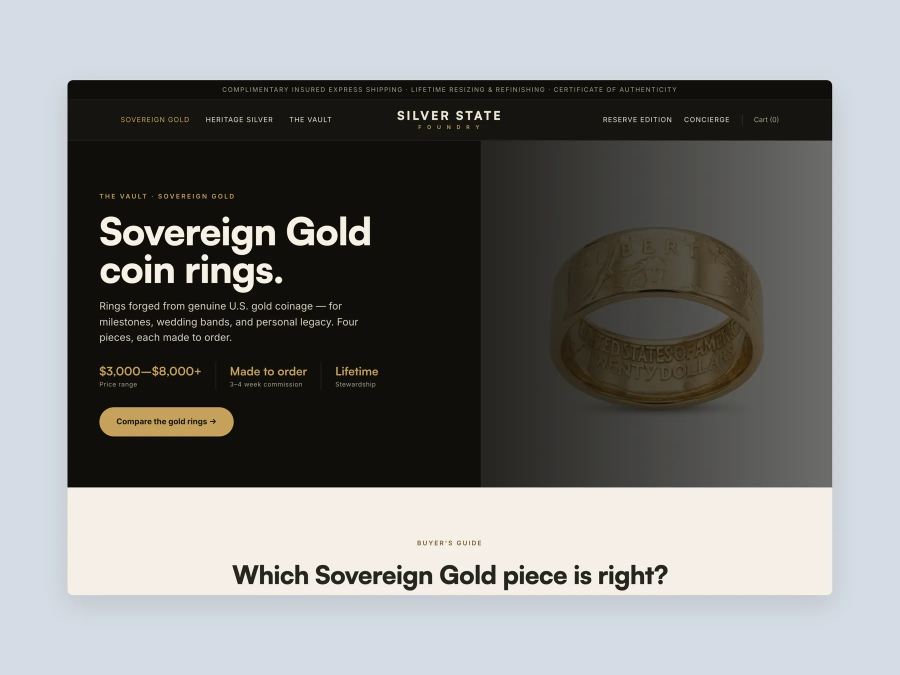 Silver State Foundry concept redesign: Collection page first screen: header and hero