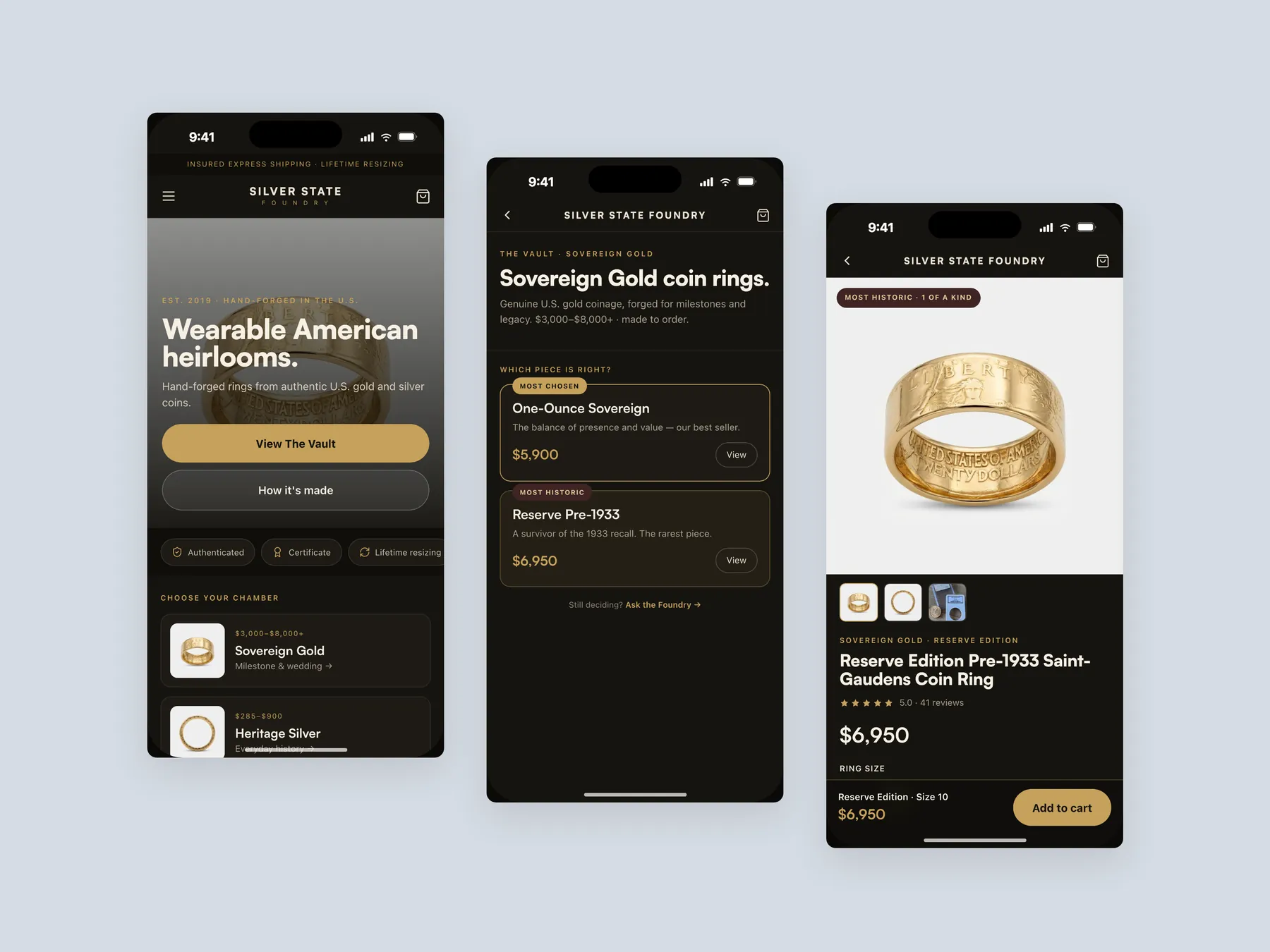 Silver State Foundry concept redesign: Three phone screens: home, collection, product