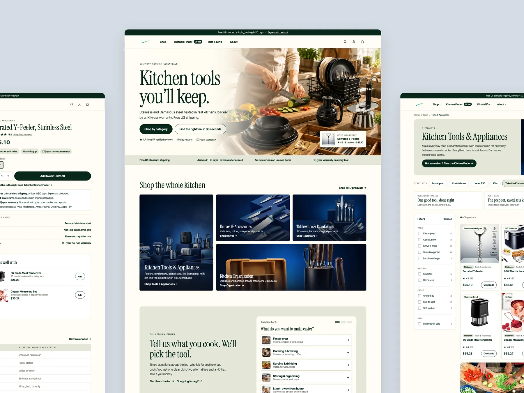 Sparksdalunch concept redesign: Homepage centre, product left, collection right