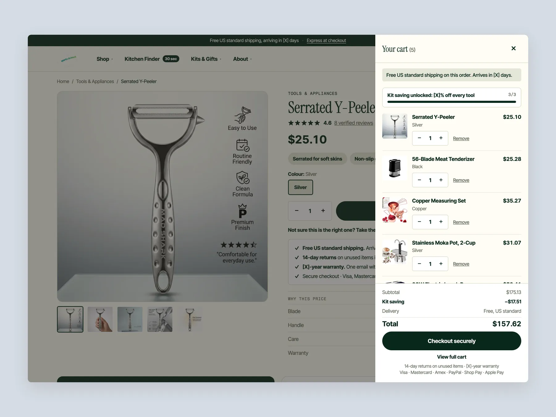 Sparksdalunch concept redesign: Cart slide over open over the product page, whole screen