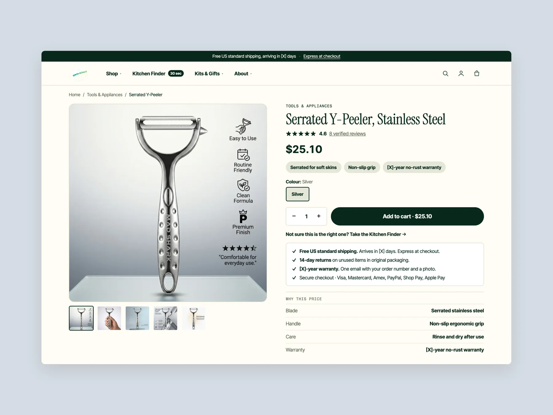 Sparksdalunch concept redesign: Product page first screen: header and buy box
