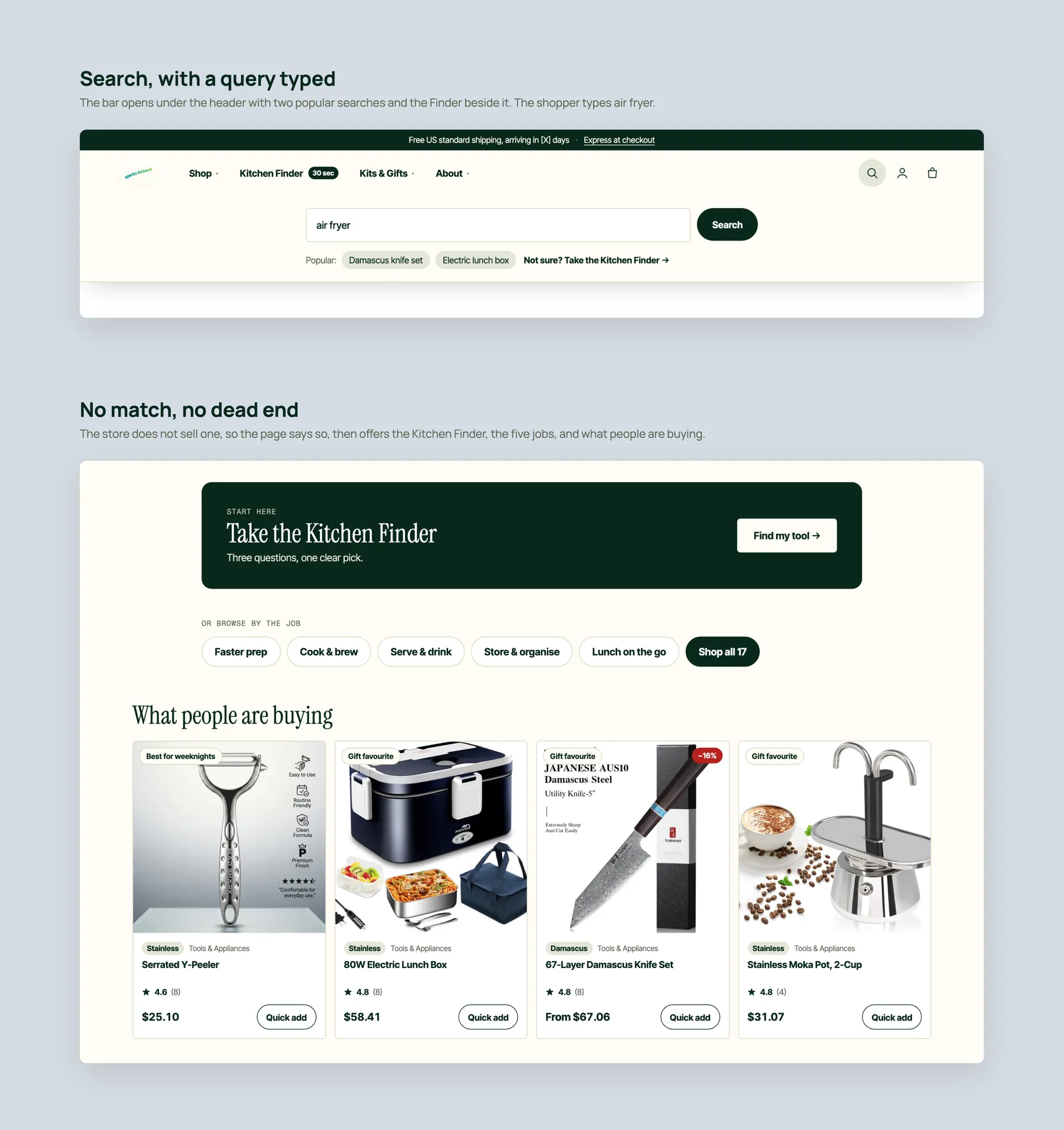Sparksdalunch concept redesign: Search: the bar and the no match page