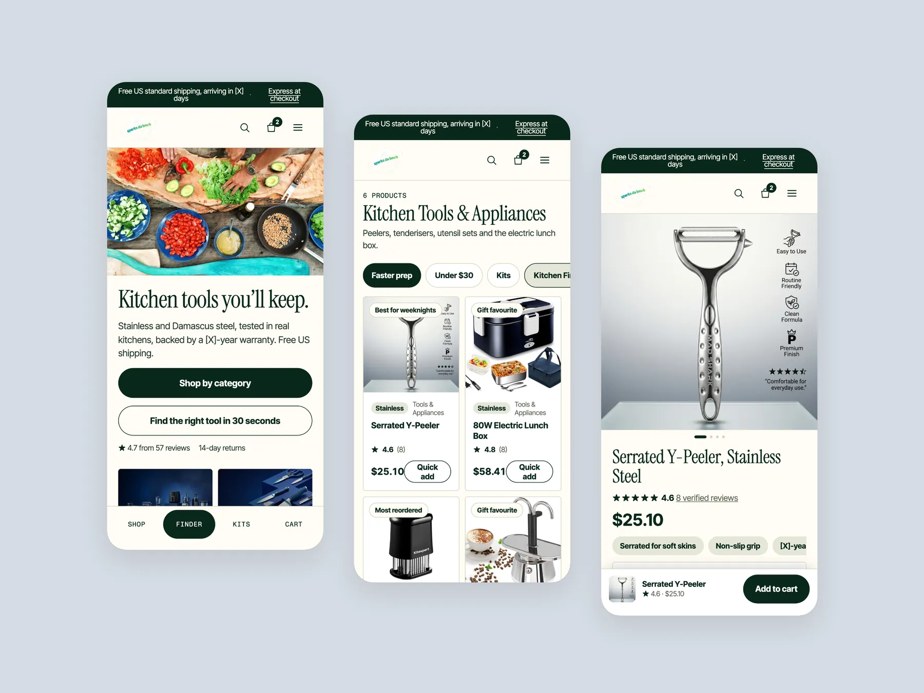 Sparksdalunch concept redesign: Three phone screens: home, collection, product