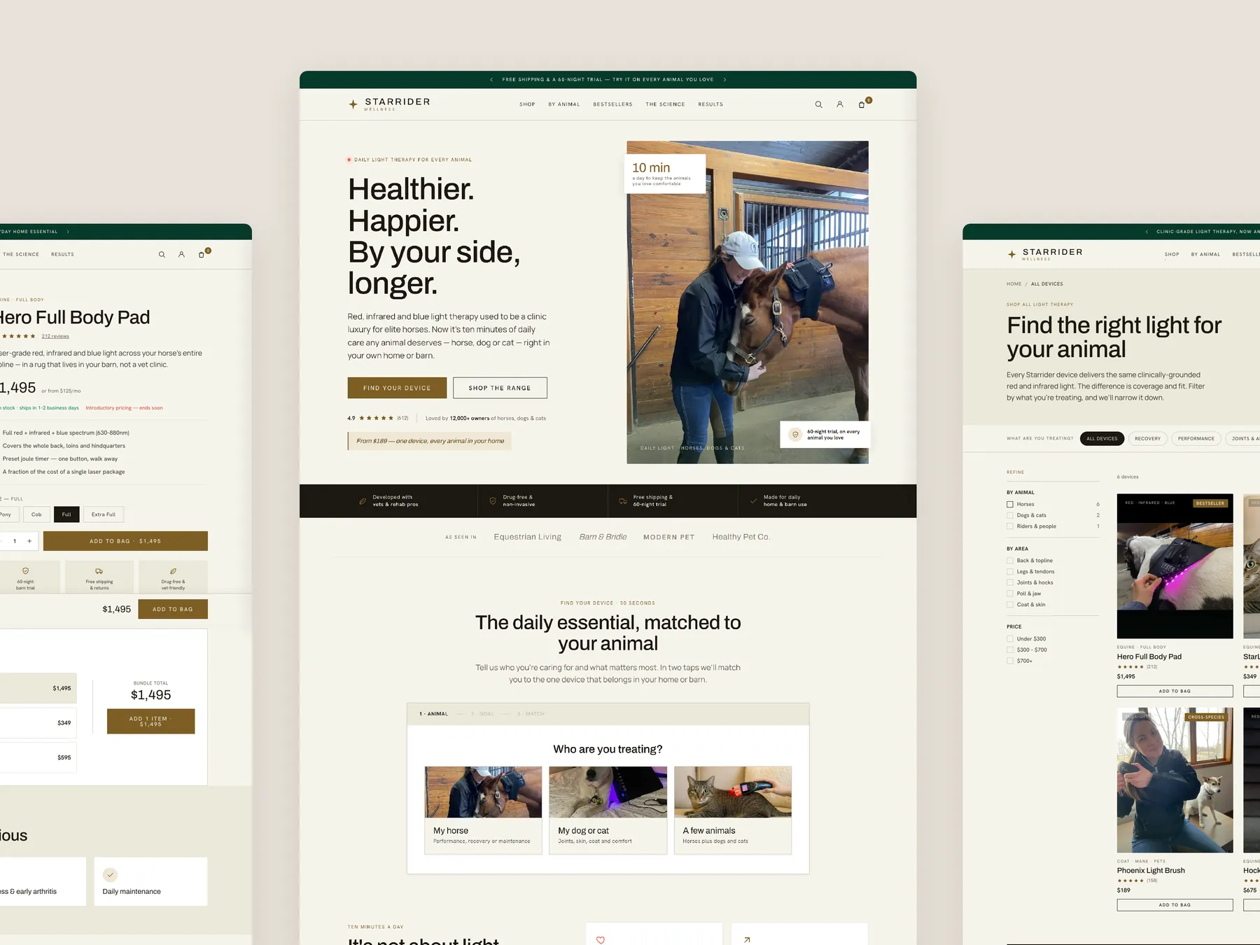 Star Rider Wellness concept redesign: Homepage centre, product left, collection right