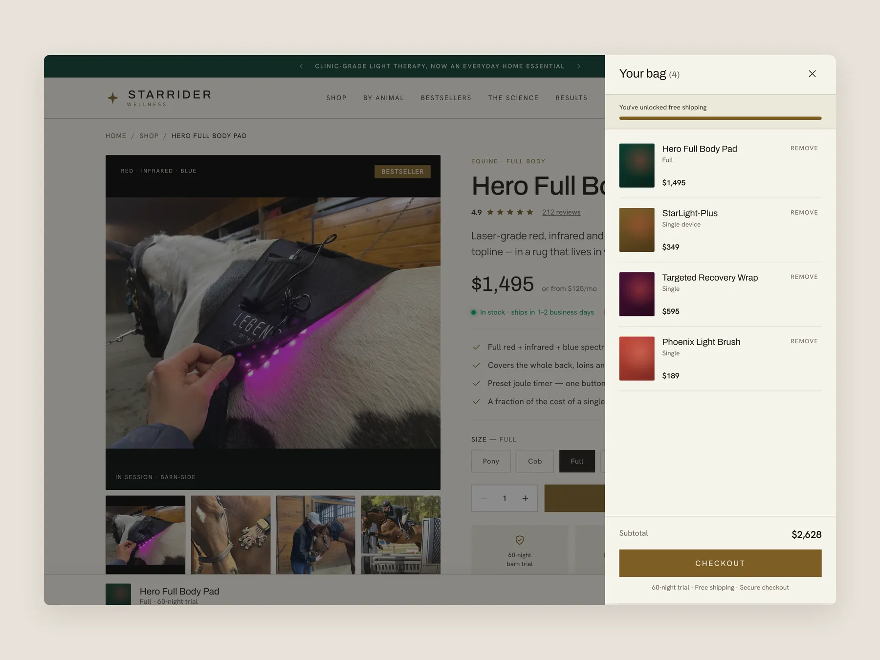 Star Rider Wellness concept redesign: Bag slide over open over the product page, whole screen