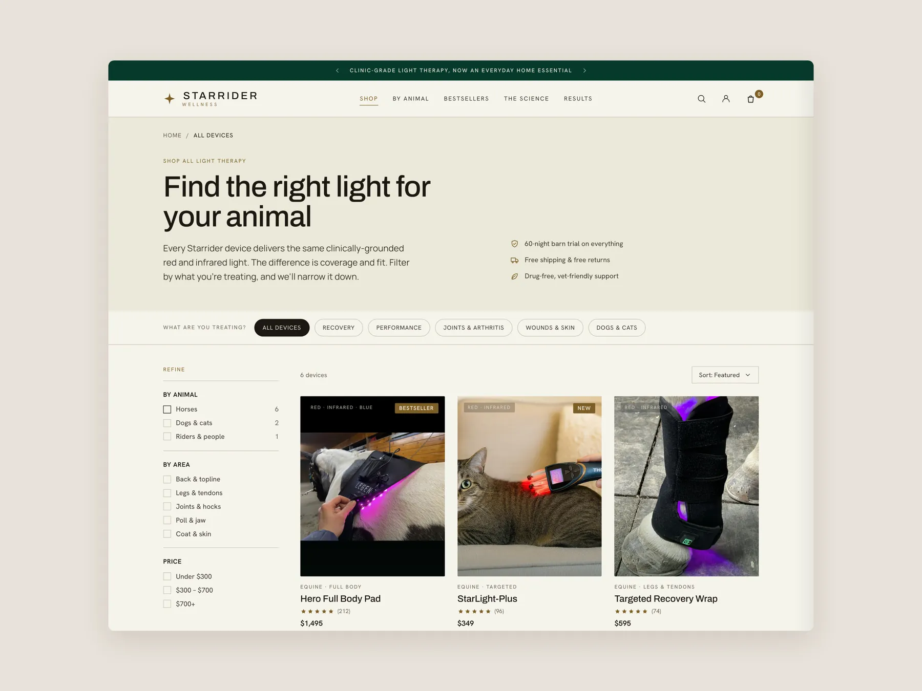 Star Rider Wellness concept redesign: Collection page first screen: header, filters, first row