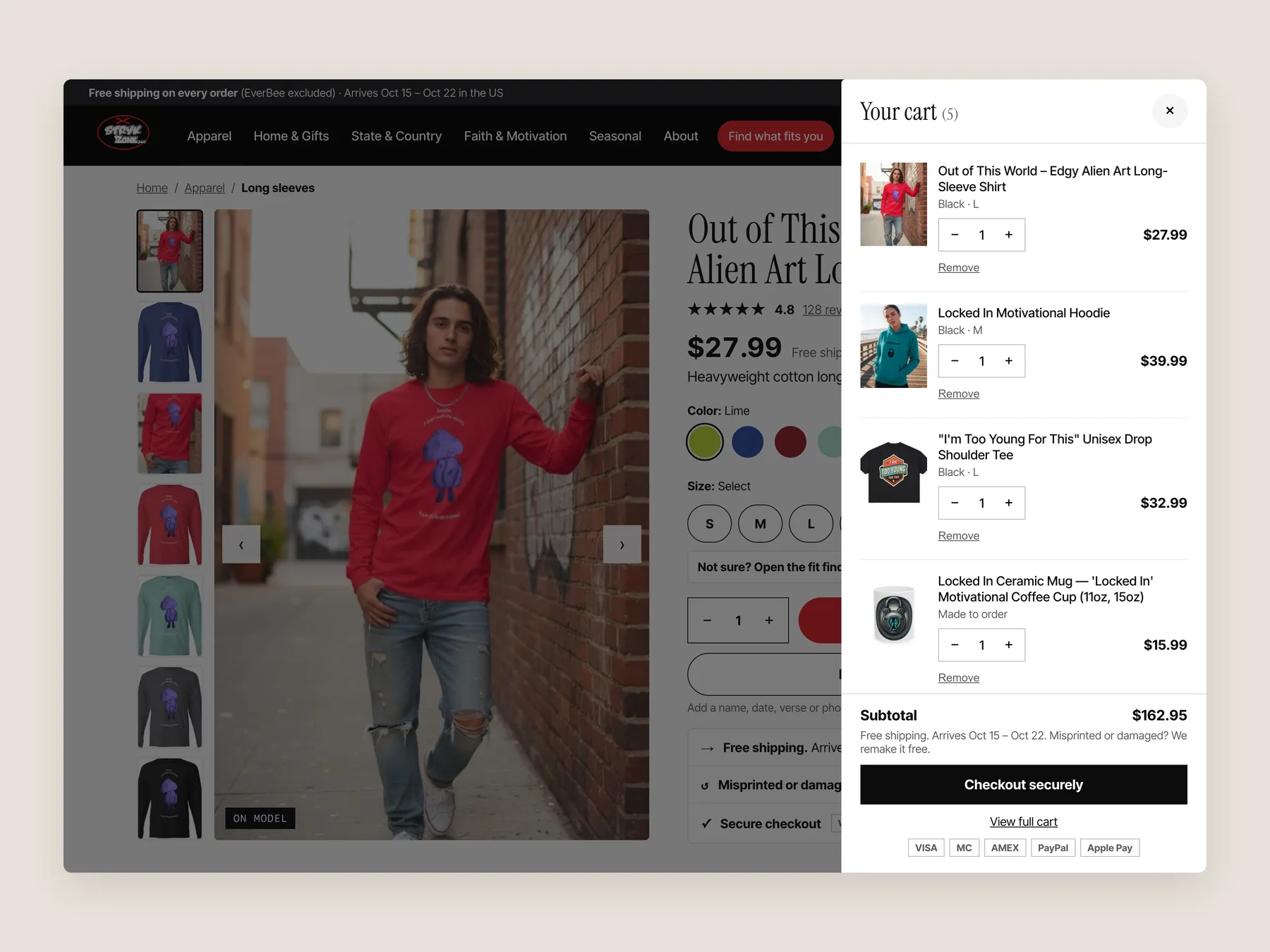 StrykZone concept redesign: Cart slide over open over the product page, whole screen
