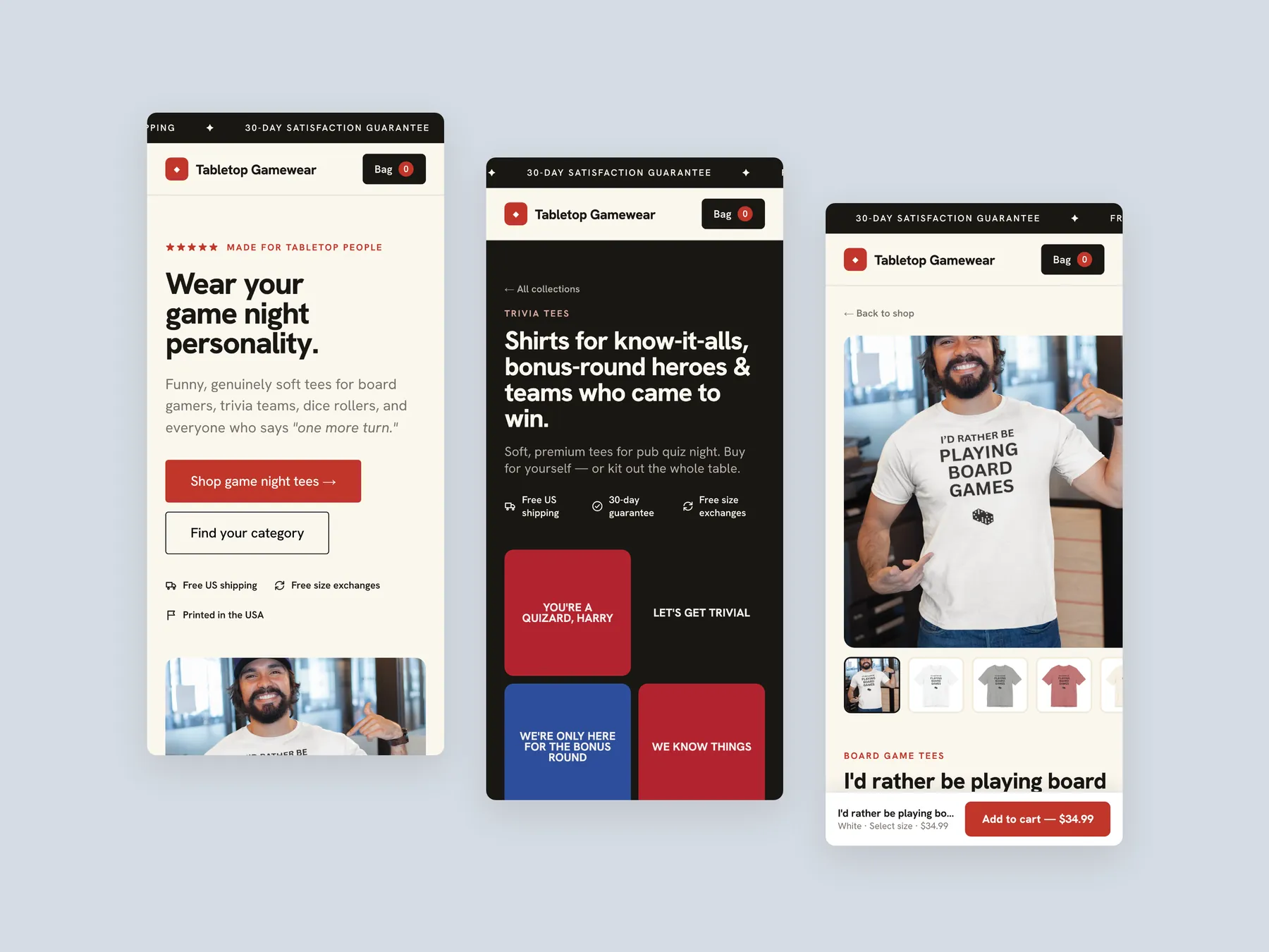TableTop concept redesign: Three phone screens: home, collection, product