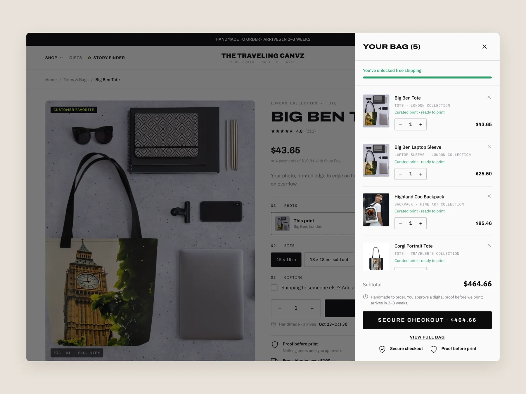 store-48 concept redesign: Bag slide over open over the product page, whole screen