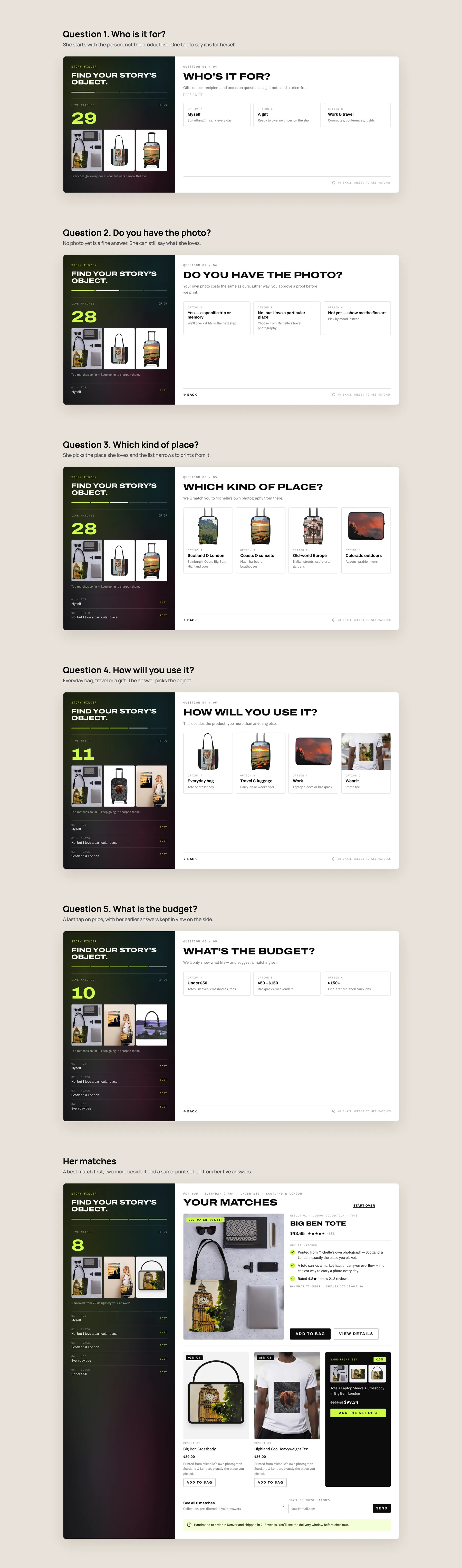 store-48 concept redesign: Story Finder quiz, step by step