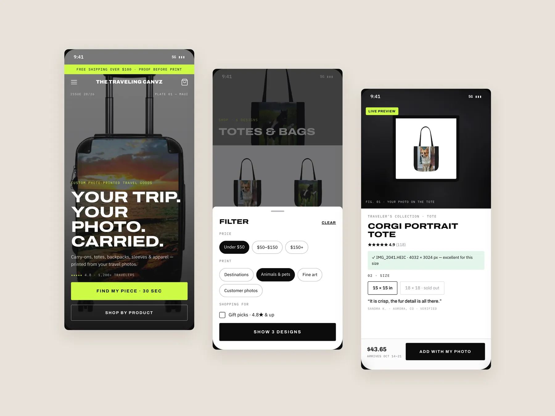 store-48 concept redesign: Three phone screens: home, collection, product