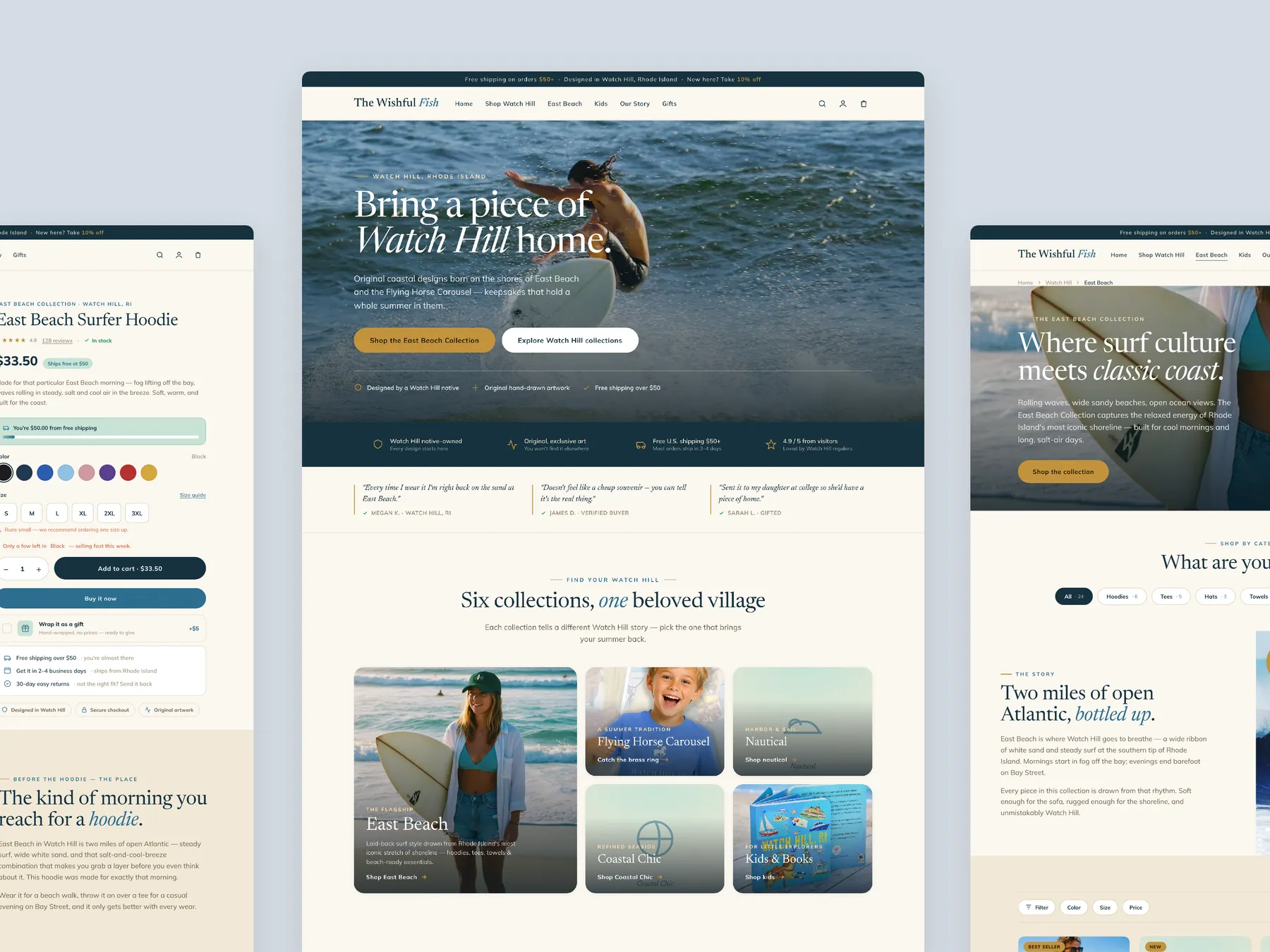 The Wishful Fish concept redesign: Homepage centre, product left, collection right