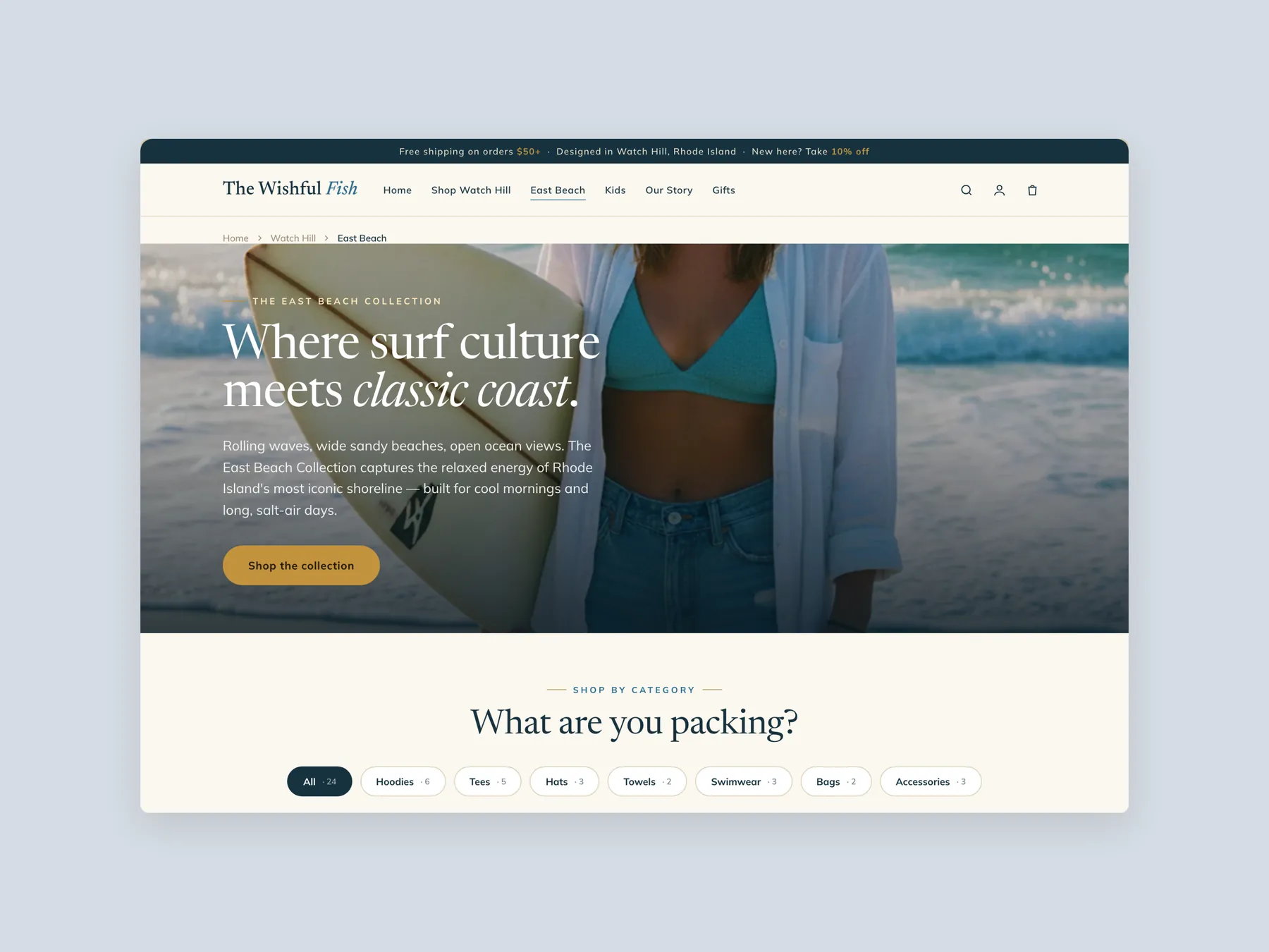 The Wishful Fish concept redesign: Collection page first screen: header, banner, filters
