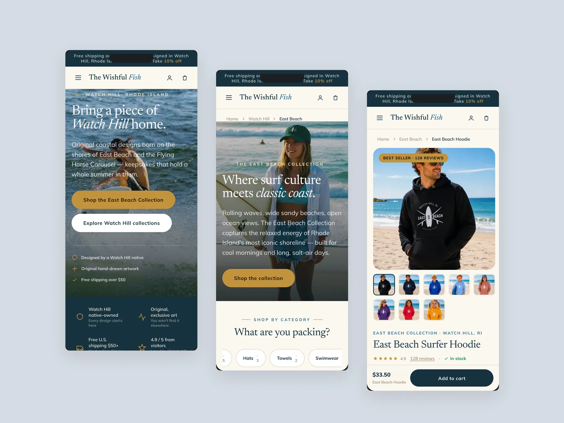 The Wishful Fish concept redesign: Three phone screens: home, collection, product