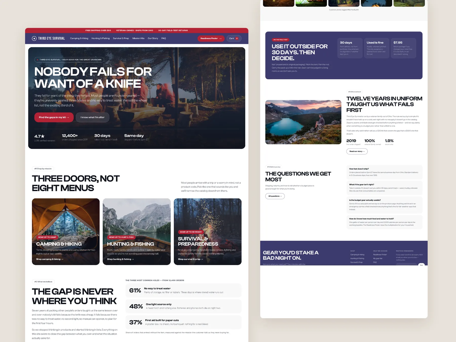 Third Eye Survival concept redesign: Homepage, two tall columns