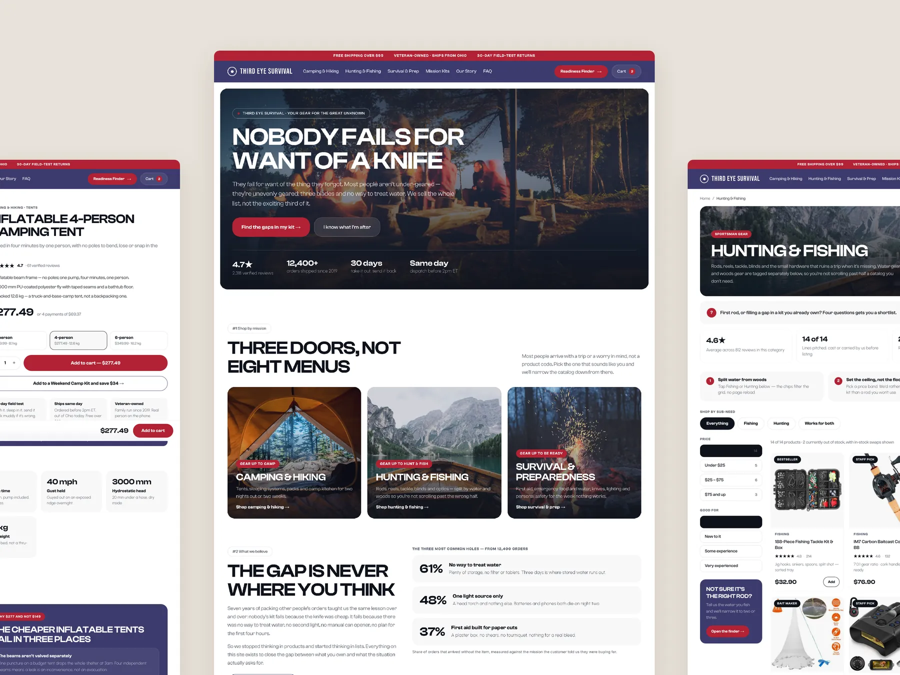 Third Eye Survival concept redesign: Homepage centre, product left, collection right