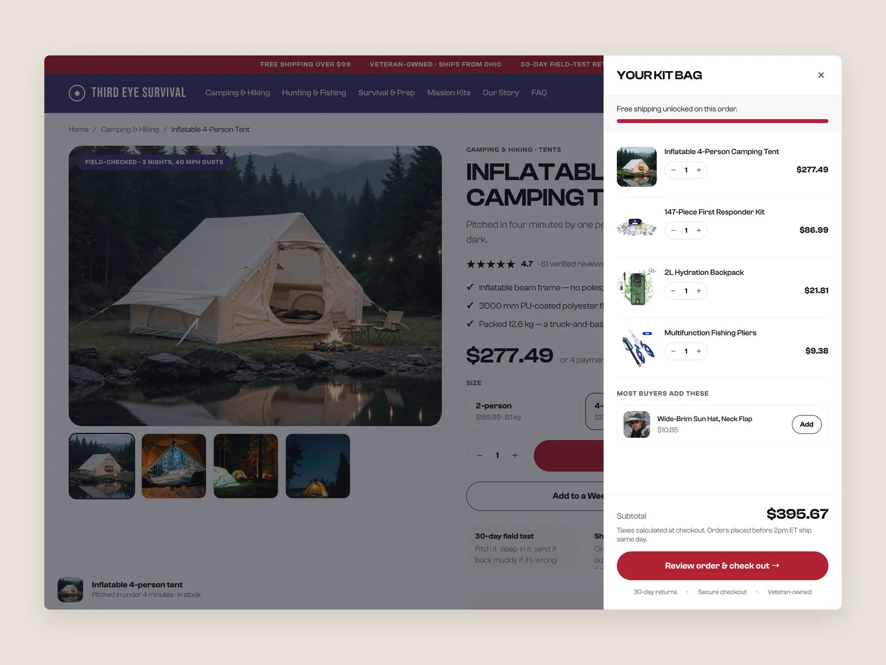 Third Eye Survival concept redesign: Cart slide over open over the product page, whole screen