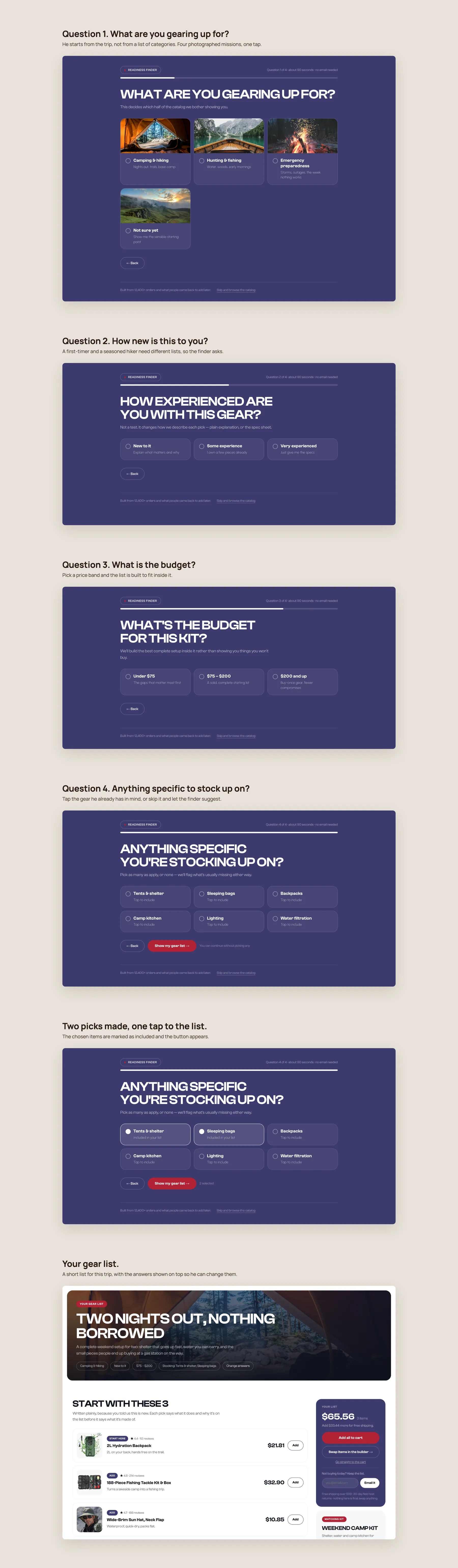 Third Eye Survival concept redesign: Readiness Finder quiz, step by step
