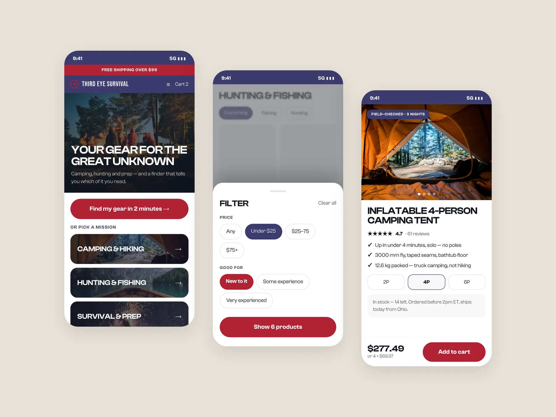 Third Eye Survival concept redesign: Three phone screens: home, collection, product
