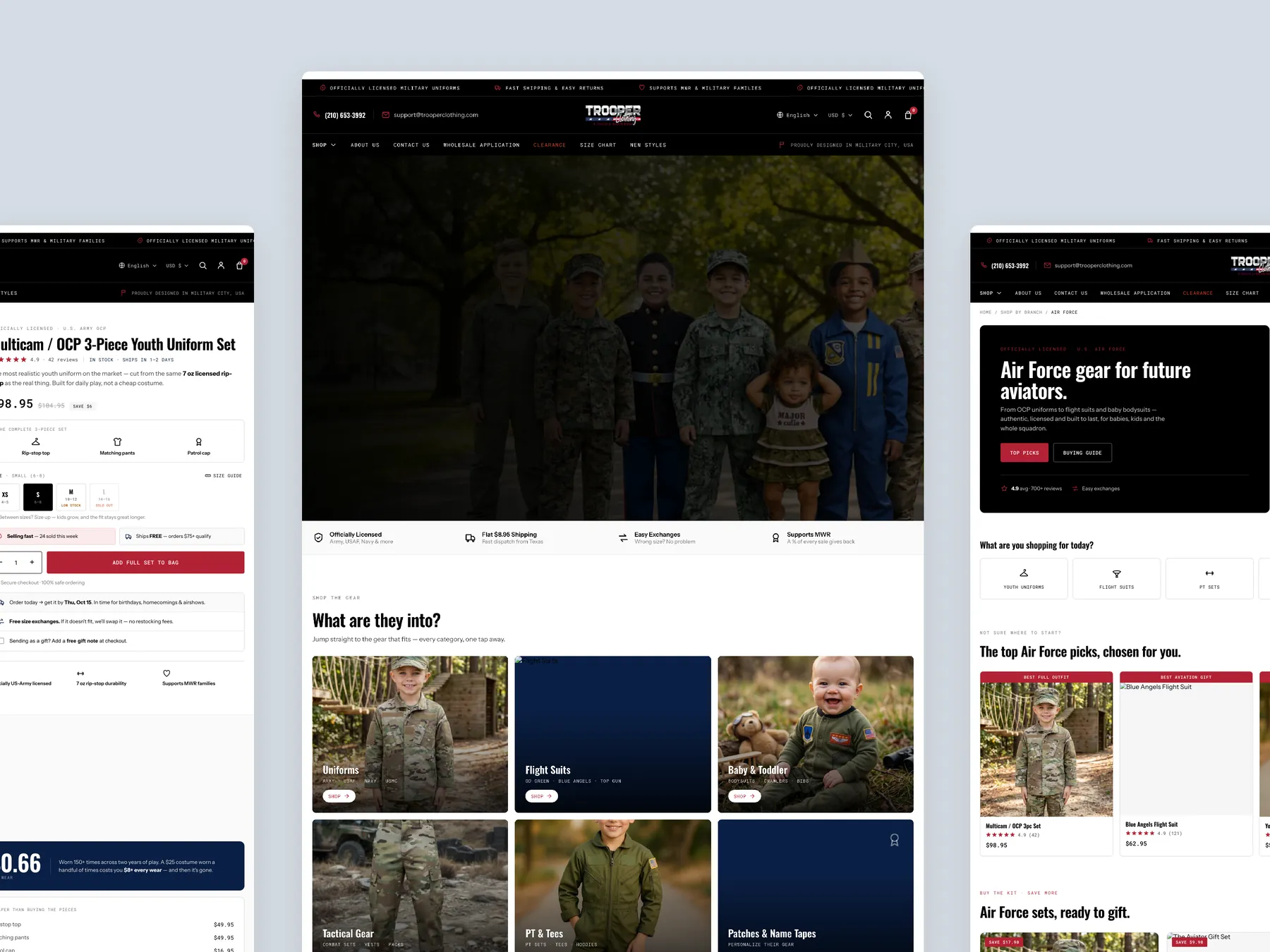 Trooper Clothing concept redesign: Homepage centre, product left, collection right