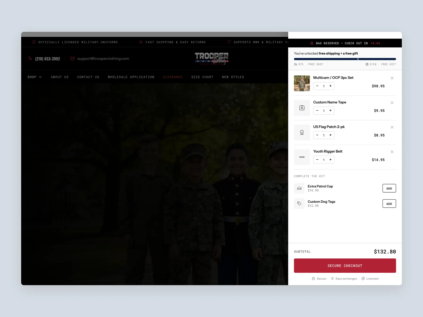 Trooper Clothing concept redesign: Bag slide over open over the homepage, whole screen