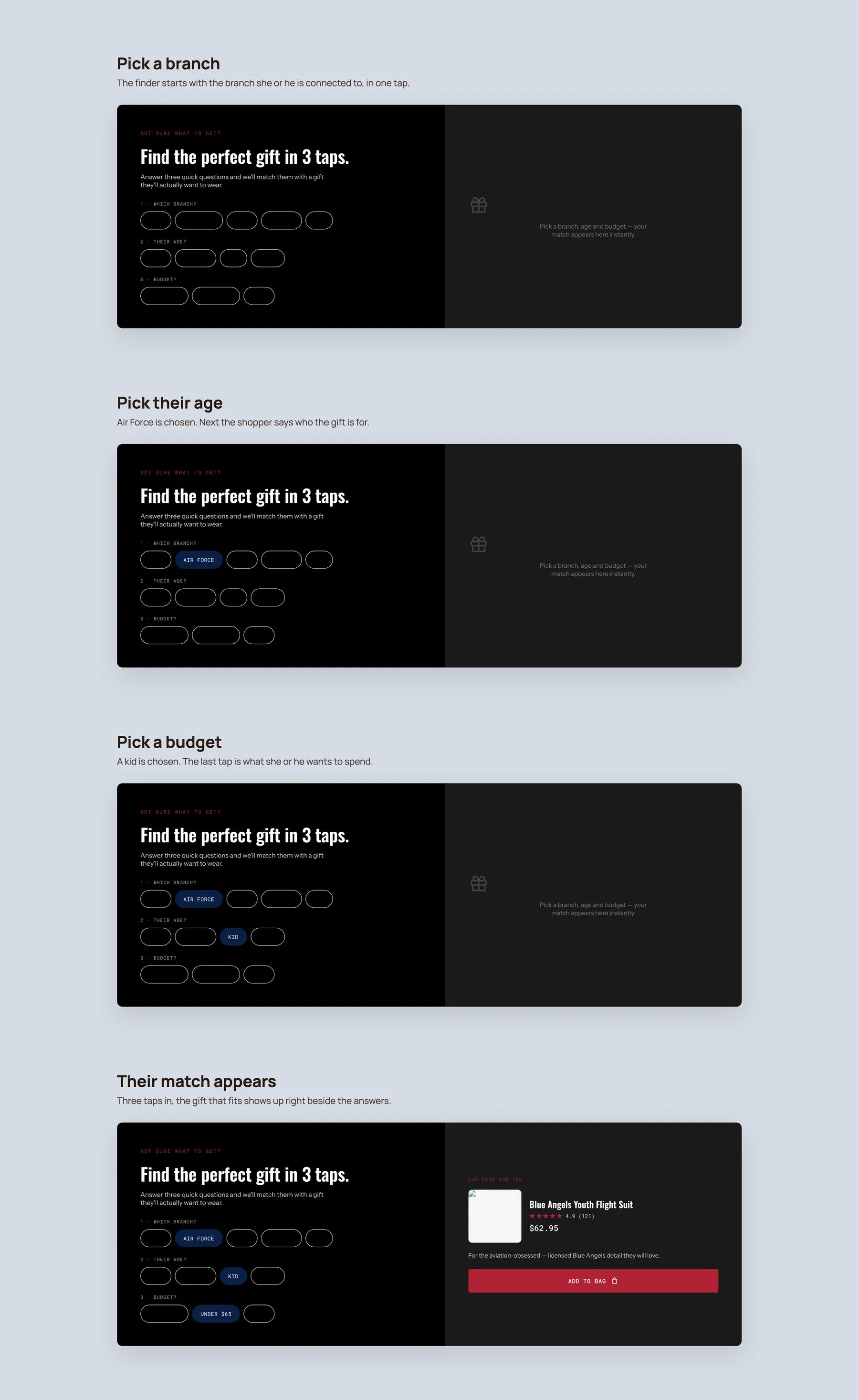 Trooper Clothing concept redesign: Gift finder, step by step