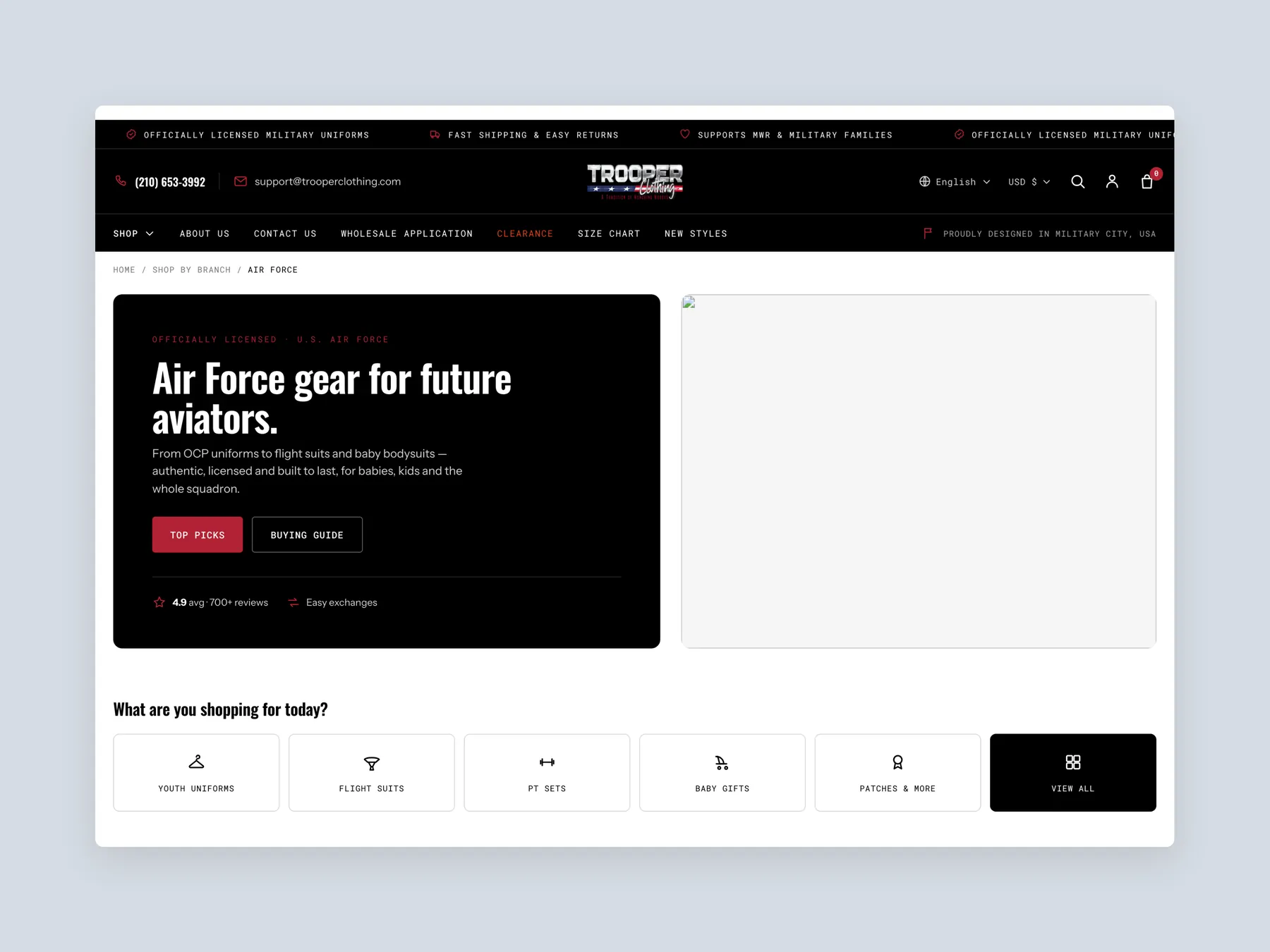 Trooper Clothing concept redesign: Air Force collection first screen: header, hero, shop by type