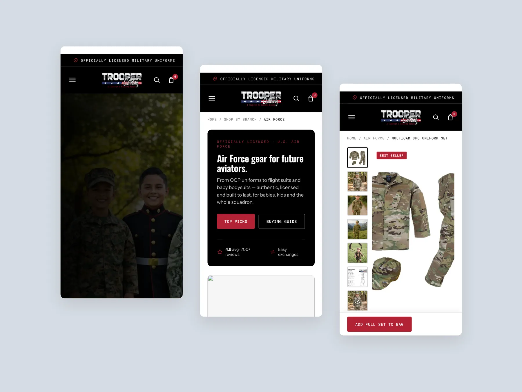 Trooper Clothing concept redesign: Three phone screens: home, collection, product