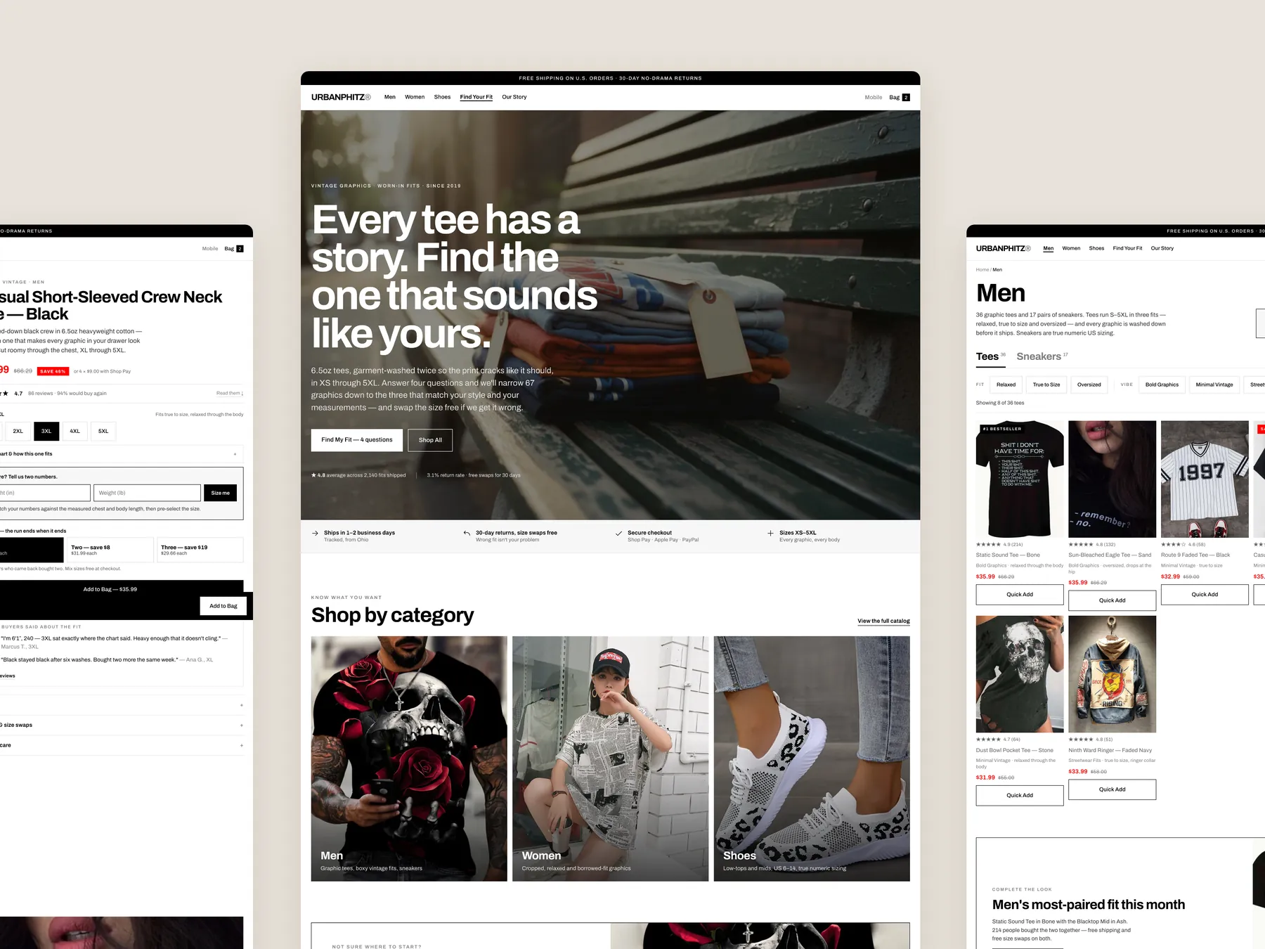 Urban Phitz Inc Vintage Designs concept redesign: Homepage centre, product left, collection right