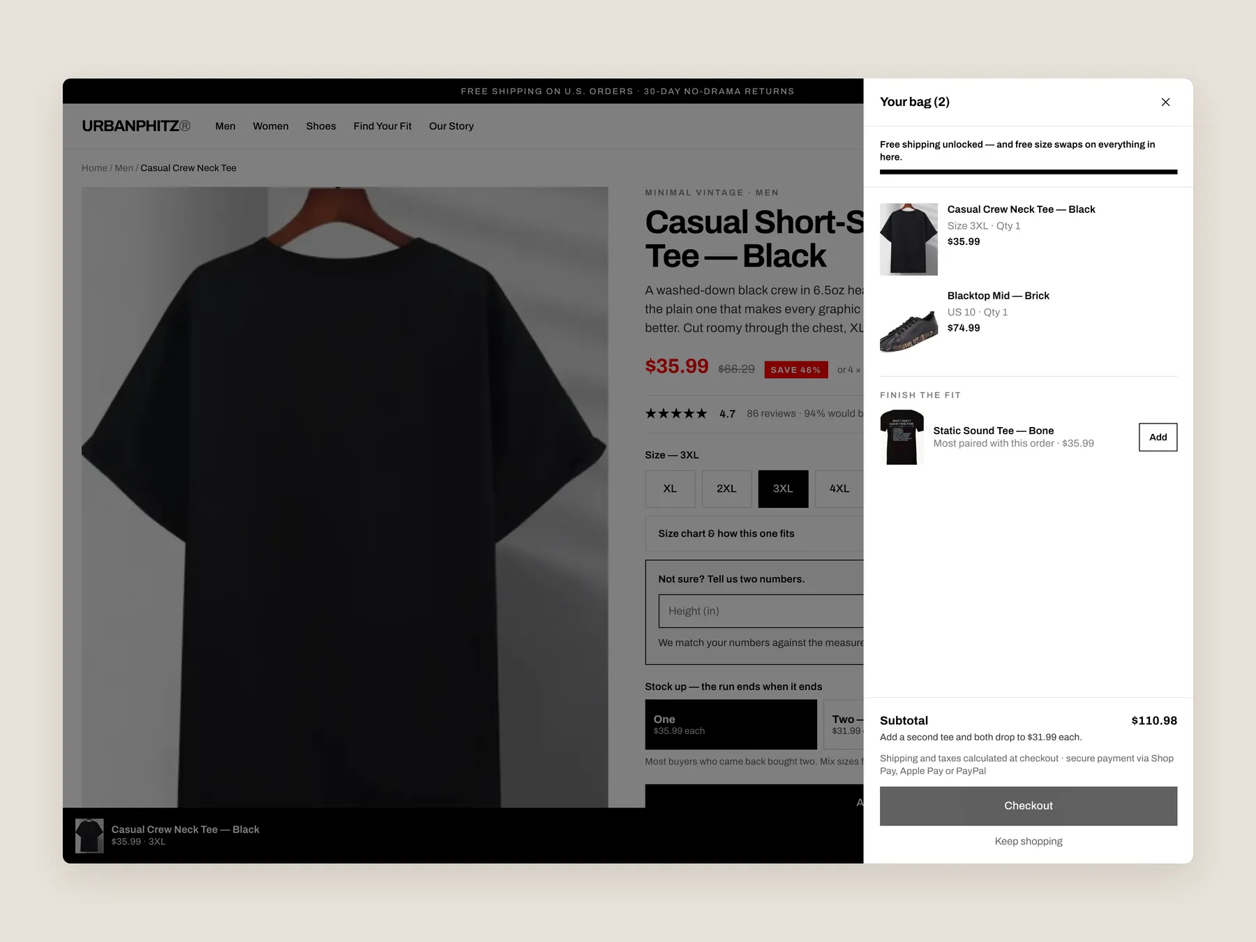 Urban Phitz Inc Vintage Designs concept redesign: Bag slide over open over the product page, whole screen