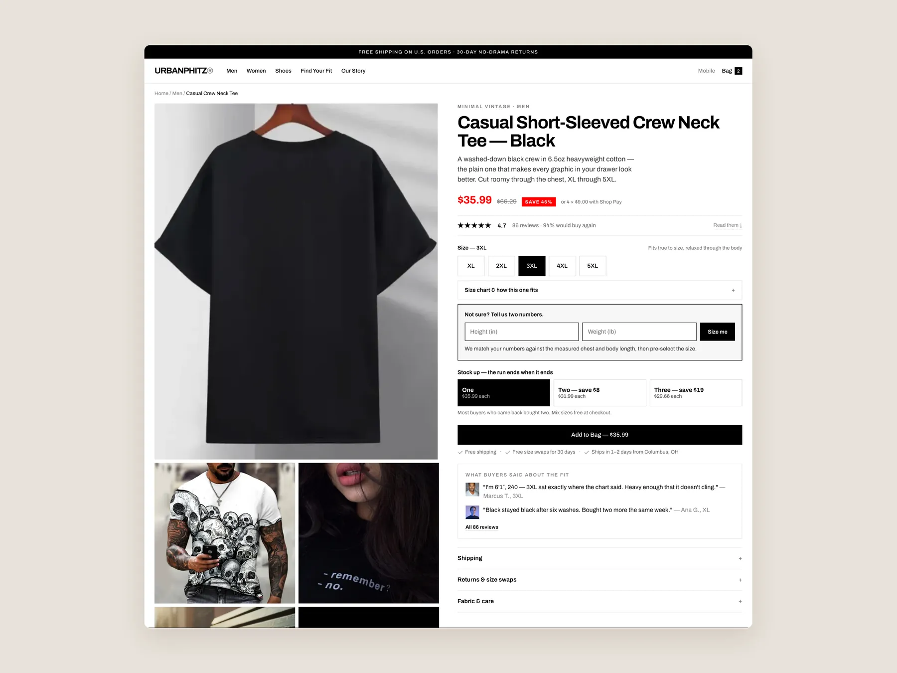 Urban Phitz Inc Vintage Designs concept redesign: Product page first screen: header and buy box