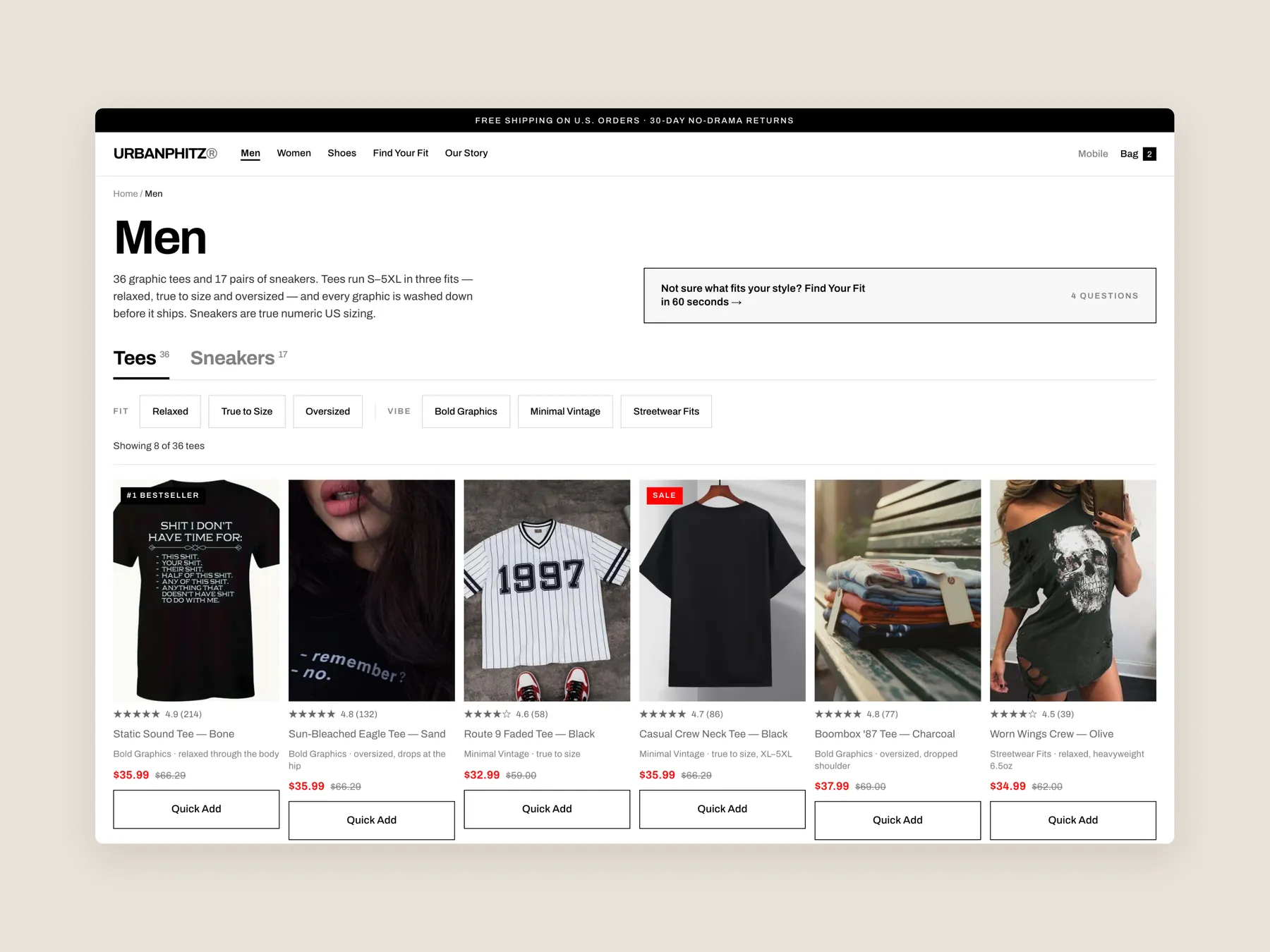 Urban Phitz Inc Vintage Designs concept redesign: Collection page first screen: header, filters, first row