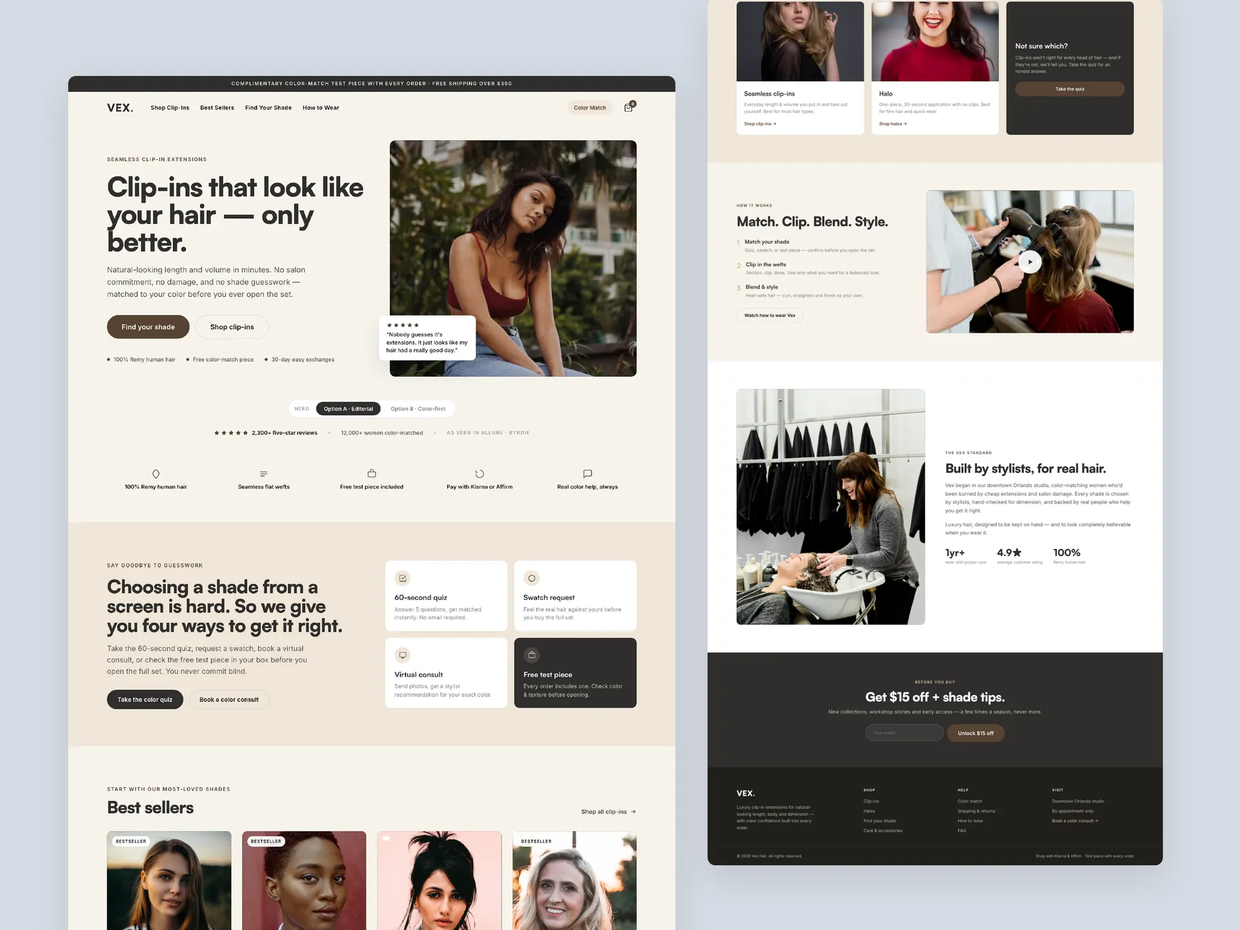 VEXHair concept redesign: Homepage, two tall columns