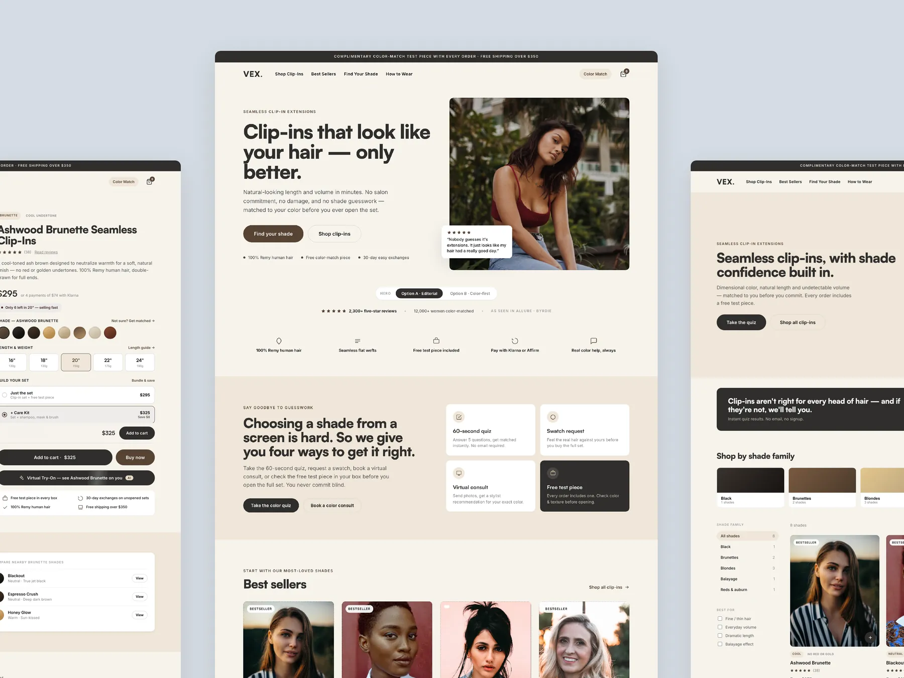 VEXHair concept redesign: Homepage centre, product left, collection right
